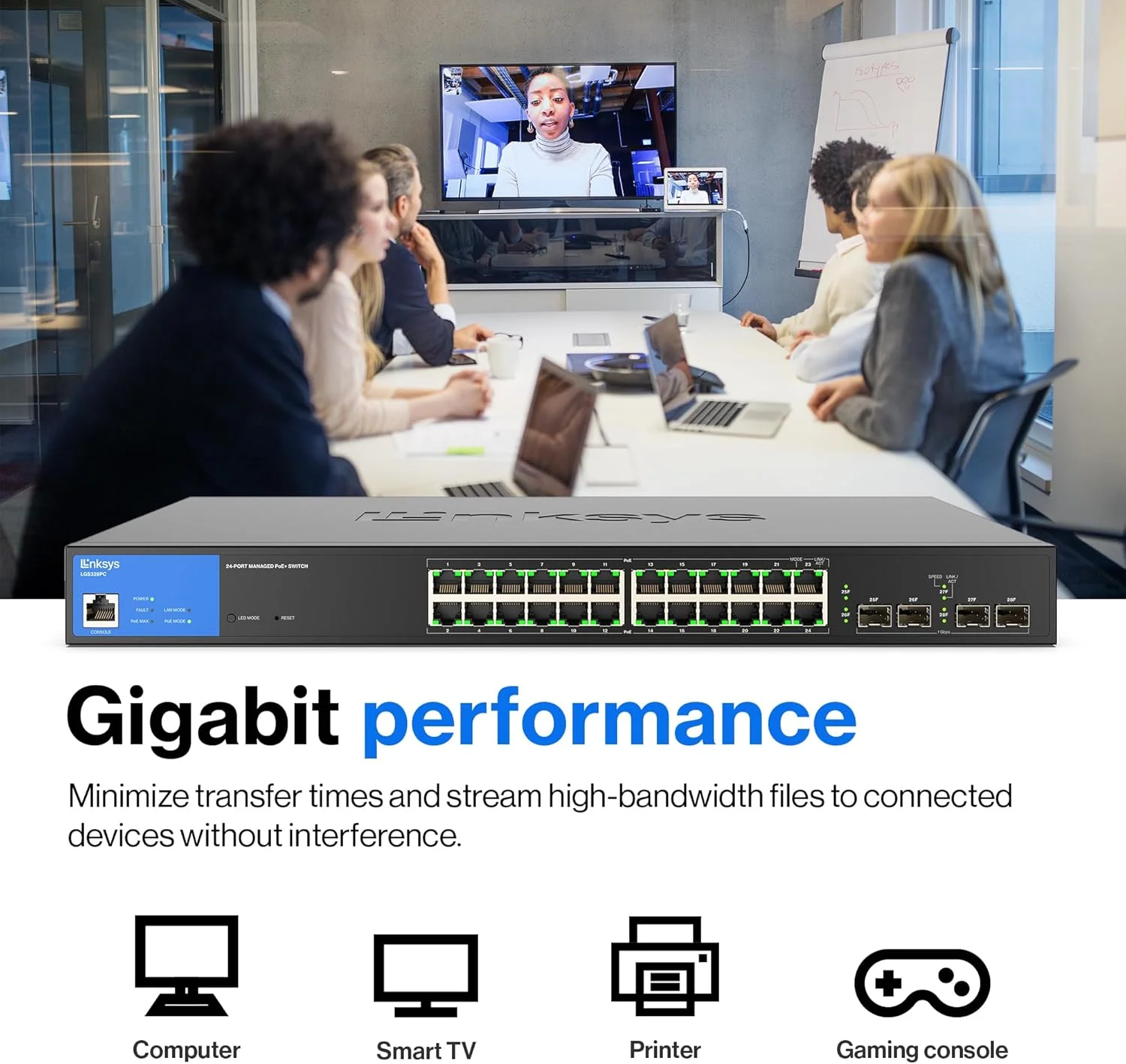 سوئیچ مدیریتی 24 پورت گیگابیتی PoE+ لینکسیس 250W با 4 آپلینک 1G SFP سازگار با TAA مدل LGS328PC سوئیچ مدیریتی 24 پورت گیگابیتی PoE+ لینکسیس 250W با 4 آپلینک 1G SFP سازگار با TAA مدل LGS328PC