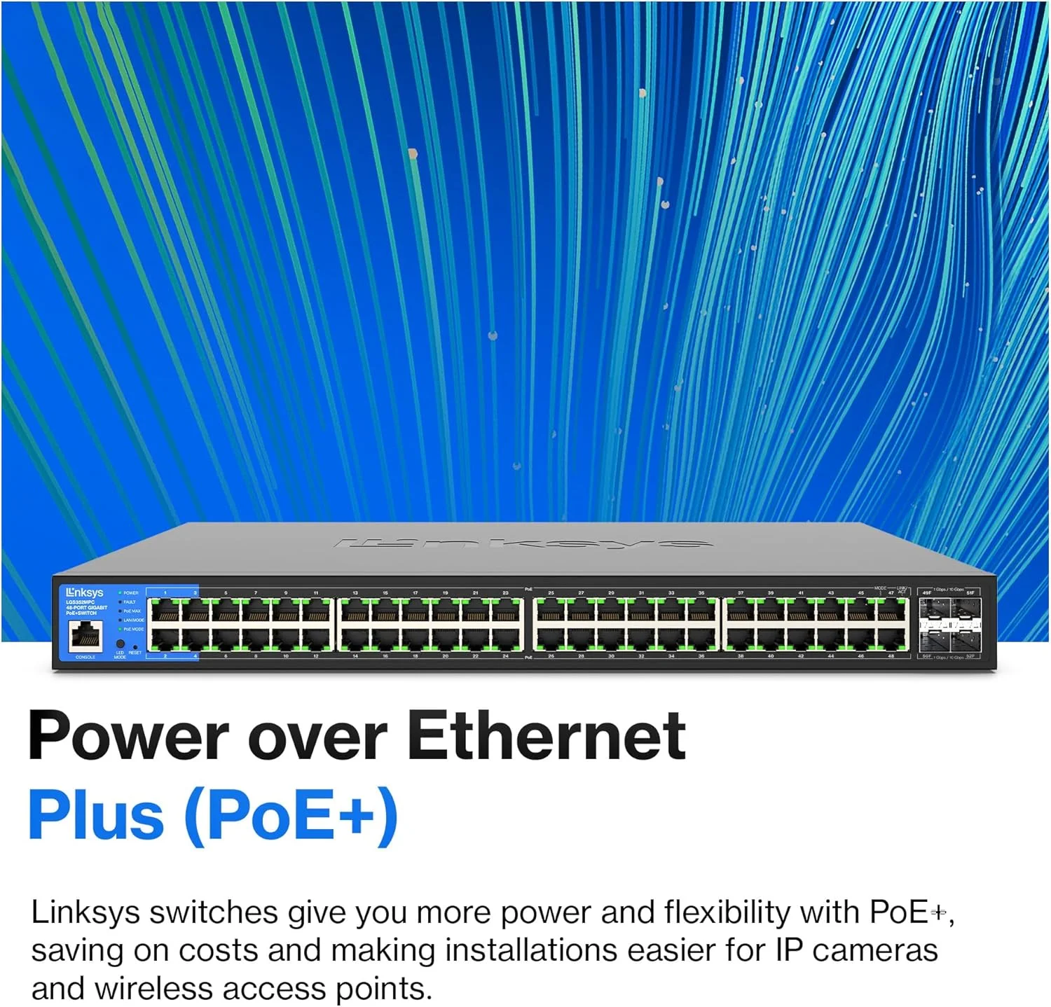سوئیچ مدیریتی گیگابیتی PoE+ لینکسیس 48 پورت با 4 آپلینک 10G SFP+ توان 740W سازگار با TAA مدل LGS352MPC سوئیچ مدیریتی گیگابیتی PoE+ لینکسیس 48 پورت با 4 آپلینک 10G SFP+ توان 740W سازگار با TAA مدل LGS352MPC