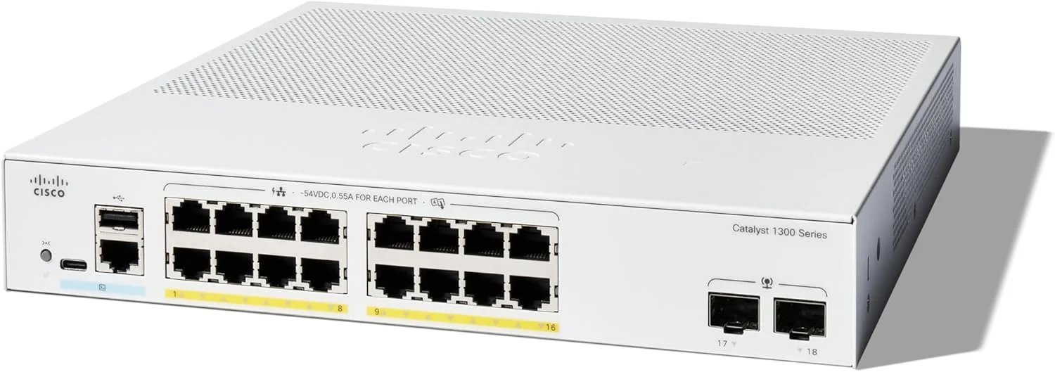 سوئیچ مدیریتی سیسکو Catalyst 1300-16P-2G، دارای 16 پورت GE، PoE، 2 پورت 1GE SFP سوئیچ مدیریتی سیسکو Catalyst 1300-16P-2G، دارای 16 پورت GE، PoE، 2 پورت 1GE SFP