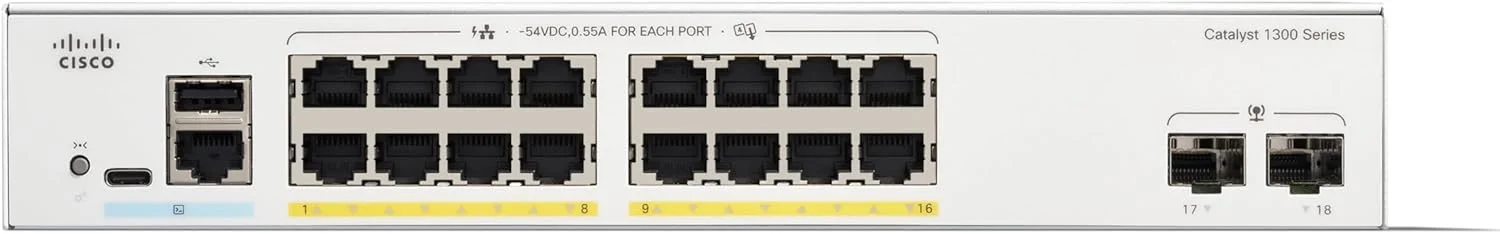 سوئیچ مدیریتی سیسکو Catalyst 1300-16P-2G، دارای 16 پورت GE، PoE، 2 پورت 1GE SFP سوئیچ مدیریتی سیسکو Catalyst 1300-16P-2G، دارای 16 پورت GE، PoE، 2 پورت 1GE SFP