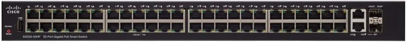 سوئیچ مدیریتی سیسکو SG250-50 L2/L3 گیگابیتی اترنت (10/100/1000) 1U مشکی 48 پورت 10/100/1000، 2 پورت ترکیبی گیگابیتی مسی/SFP، 2.94 کیلوگرم