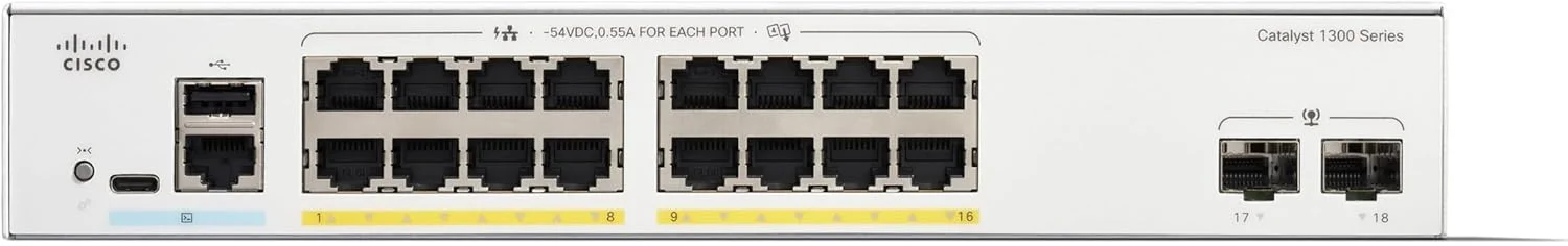 سوییچ مدیریتی سیسکو کاتالیست 1300-16FP-2G، دارای 16 پورت GE، فول PoE، 2x1GE SFP
