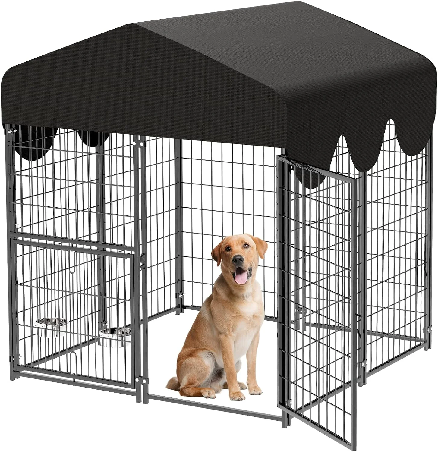 قفس سگ فضای باز 120x128x137 سانتی‌متر، محوطه فلزی سنگین برای سگ با درب گردان و 2 کاسه قابل تنظیم، قفس سگ فضای باز با پوشش ضد آب، محوطه حیوانات خانگی داخل خانه برای سگ‌های کوچک/متوسط/بزرگ