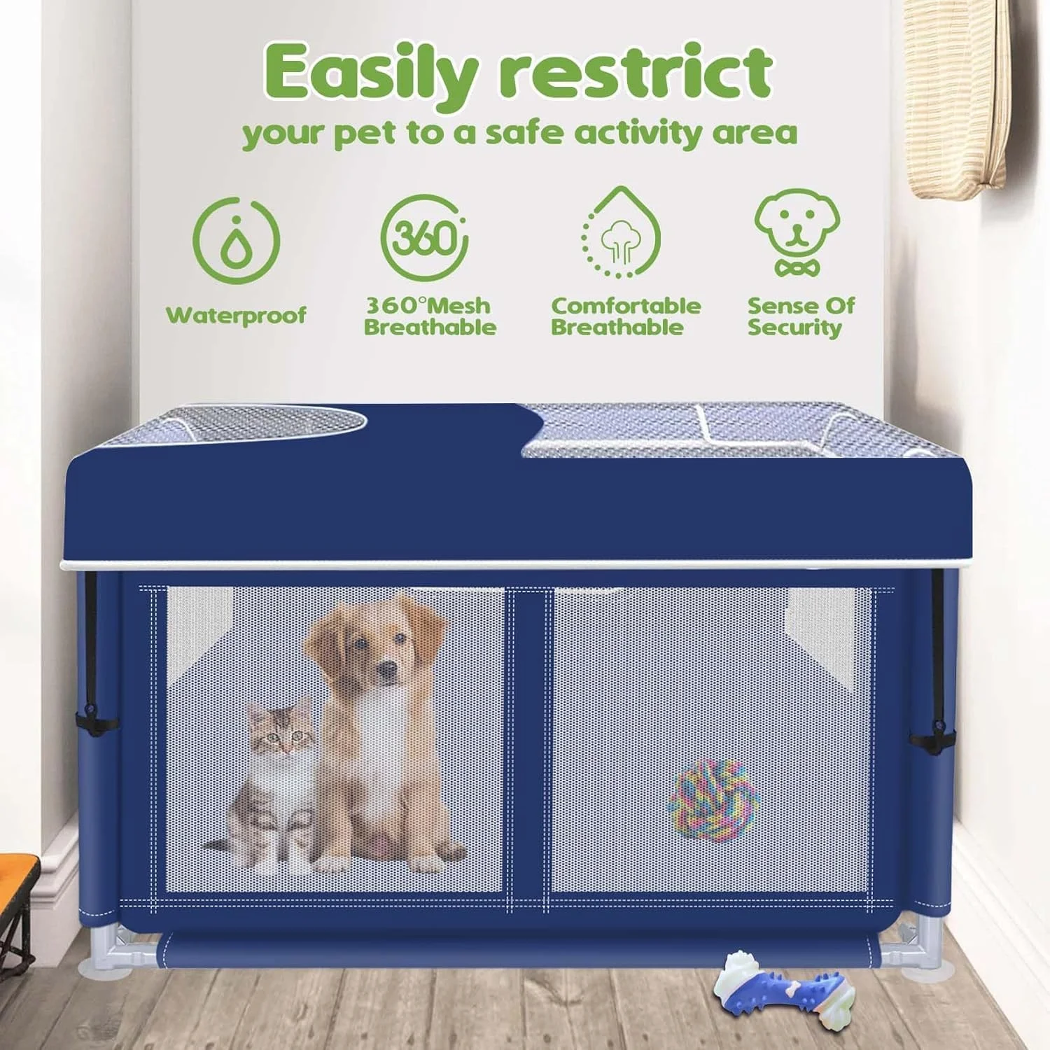 محوطه بازی سگ با روکش، 106x106x65 سانتی متر، تاشو، قابل حمل، نرم، محوطه بازی توله سگ با دروازه، حصار سگ توری پارچه ای ضخیم شده با توری سیم نایلونی با استحکام بالا، قفس تمرین تنفسی داخلی و خارجی