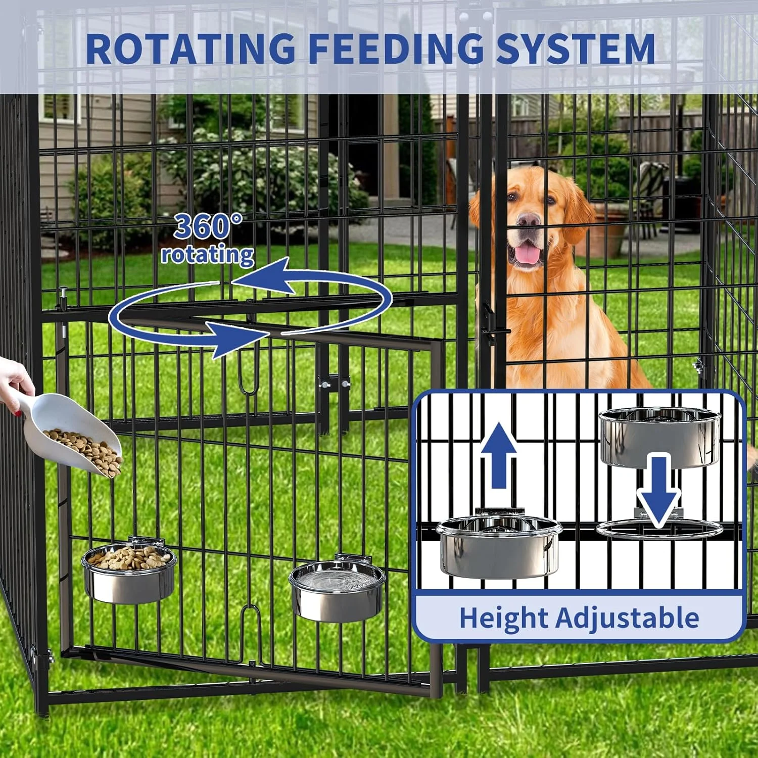 قفس سگ فضای باز 120x128x137 سانتی‌متر، محوطه فلزی سنگین برای سگ با درب گردان و 2 کاسه قابل تنظیم، قفس سگ فضای باز با پوشش ضد آب، محوطه حیوانات خانگی داخل خانه برای سگ‌های کوچک/متوسط/بزرگ