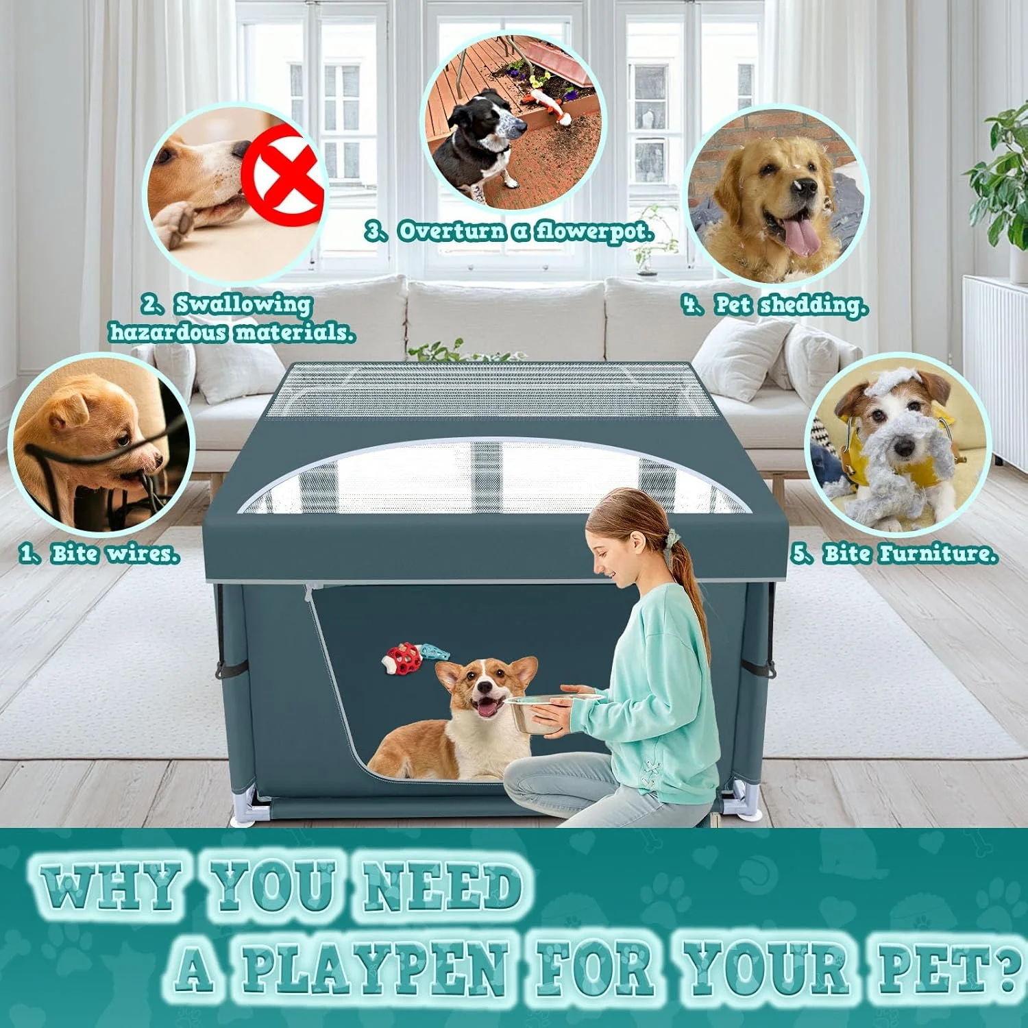 محوطه بازی توله سگ با روکش، مناسب توله سگ ها یا سگ های کوچک، حصار سگ مناسب فضای داخلی و خارجی، محوطه بازی سگ مقاوم با پارچه ضخیم و توری سیم نایلونی با استحکام بالا، سبز، ابعاد 106x106x66 سانتی متر