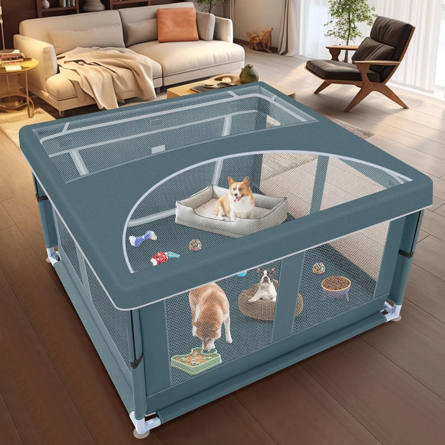 محوطه بازی توله سگ با روکش، مناسب توله سگ ها یا سگ های کوچک، حصار سگ مناسب فضای داخلی و خارجی، محوطه بازی سگ مقاوم با پارچه ضخیم و توری سیم نایلونی با استحکام بالا، سبز، ابعاد 106x106x66 سانتی متر