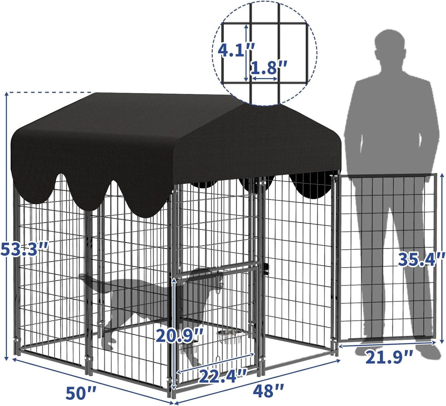 قفس سگ فضای باز 120x128x137 سانتی‌متر، محوطه فلزی سنگین برای سگ با درب گردان و 2 کاسه قابل تنظیم، قفس سگ فضای باز با پوشش ضد آب، محوطه حیوانات خانگی داخل خانه برای سگ‌های کوچک/متوسط/بزرگ