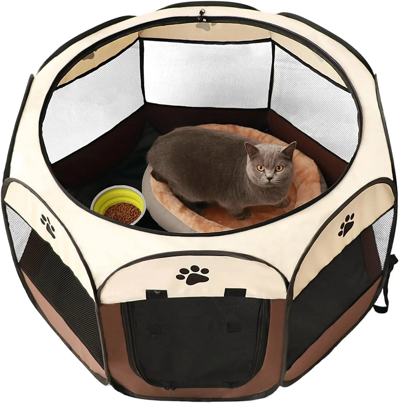محوطه بازی تاشو حیوانات خانگی L DDLPOCKET - چادر قابل حمل برای سگ ها و گربه ها | مقاوم در برابر آب | سایه بان قابل جابجایی | ایده آل برای استفاده در داخل و خارج از منزل (قهوه ای، 114CM*114CM*58CM)