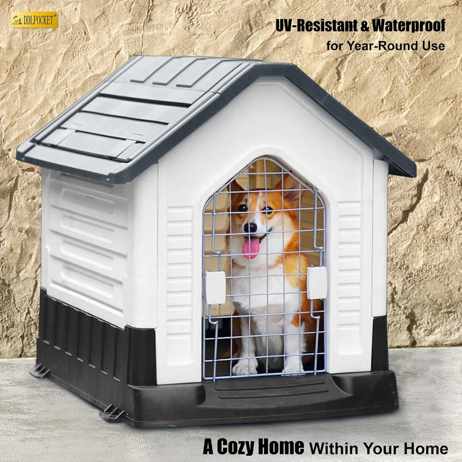 خانه سگ چهار فصل L DDLPOCKET - پناهگاه جادار و ضد آب در فضای باز، مقاوم در برابر اشعه ماوراء بنفش و عایق بندی شده برای سگ های کوچک/متوسط/بزرگ، طراحی محکم ضد واژگونی با تهویه (خاکستری، L 80 سانتی متر)