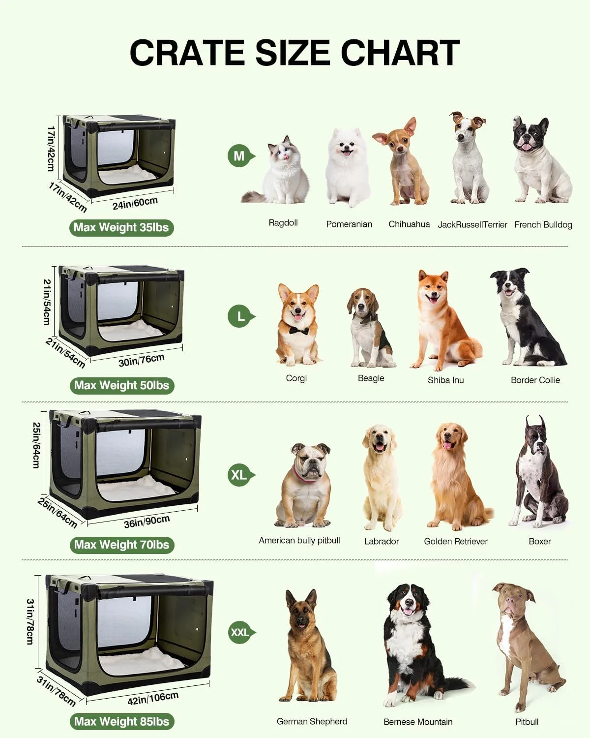  باکس حمل تاشو سگ Deekuiwi سایز 42 اینچ، باکس نرم و قابل حمل 4 درب برای سگ های متوسط تا بزرگ، پنجره های توری بادوام، مناسب استفاده در فضای داخلی و خارجی، تاشو، به همراه کیف نگهداری (سبز)