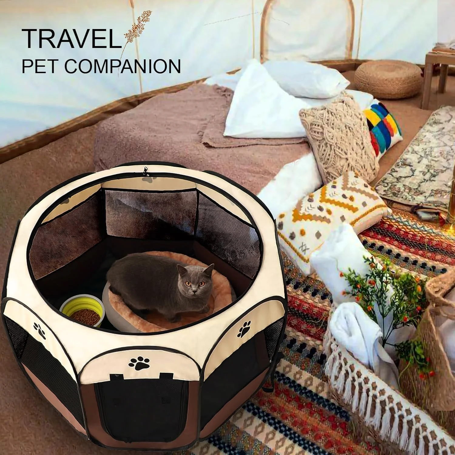 محوطه بازی تاشو حیوانات خانگی L DDLPOCKET - چادر قابل حمل برای سگ ها و گربه ها | مقاوم در برابر آب | سایه بان قابل جابجایی | ایده آل برای استفاده در داخل و خارج از منزل (قهوه ای، 114CM*114CM*58CM)