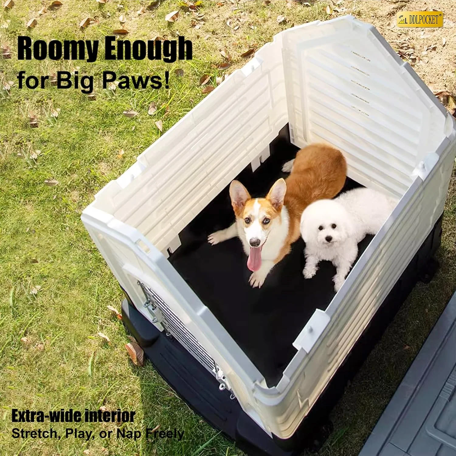 خانه سگ چهار فصل L DDLPOCKET - پناهگاه جادار و ضد آب در فضای باز، مقاوم در برابر اشعه ماوراء بنفش و عایق بندی شده برای سگ های کوچک/متوسط/بزرگ، طراحی محکم ضد واژگونی با تهویه (خاکستری، L 80 سانتی متر)