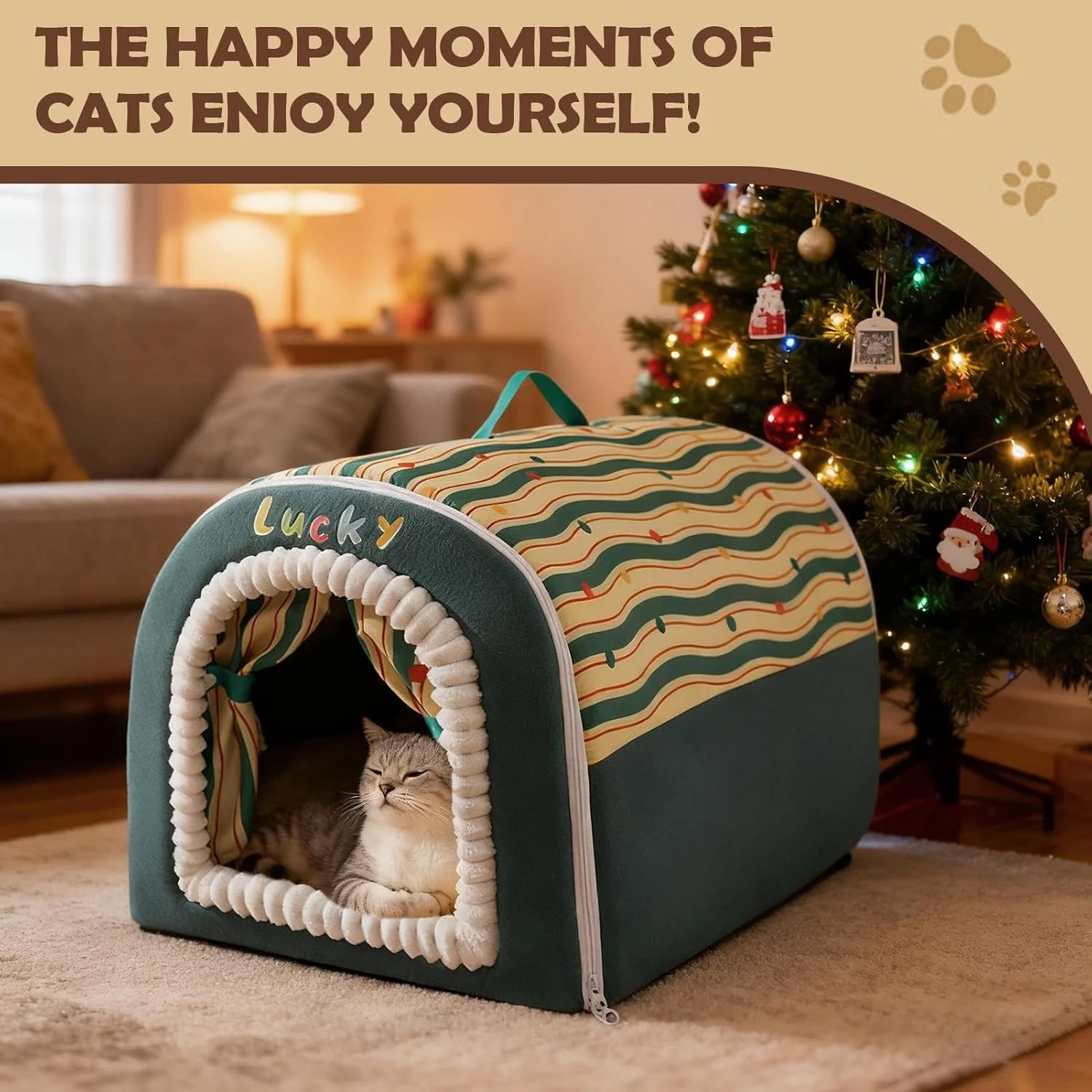غار گربه - خانه نرم و قابل شستشوی زیبا - تخت خواب سرپوشیده و قابل شستشوی گربه | برای بچه گربه، حیوانات خانگی کوچک، داخل خانه، خارج از خانه، زمستان