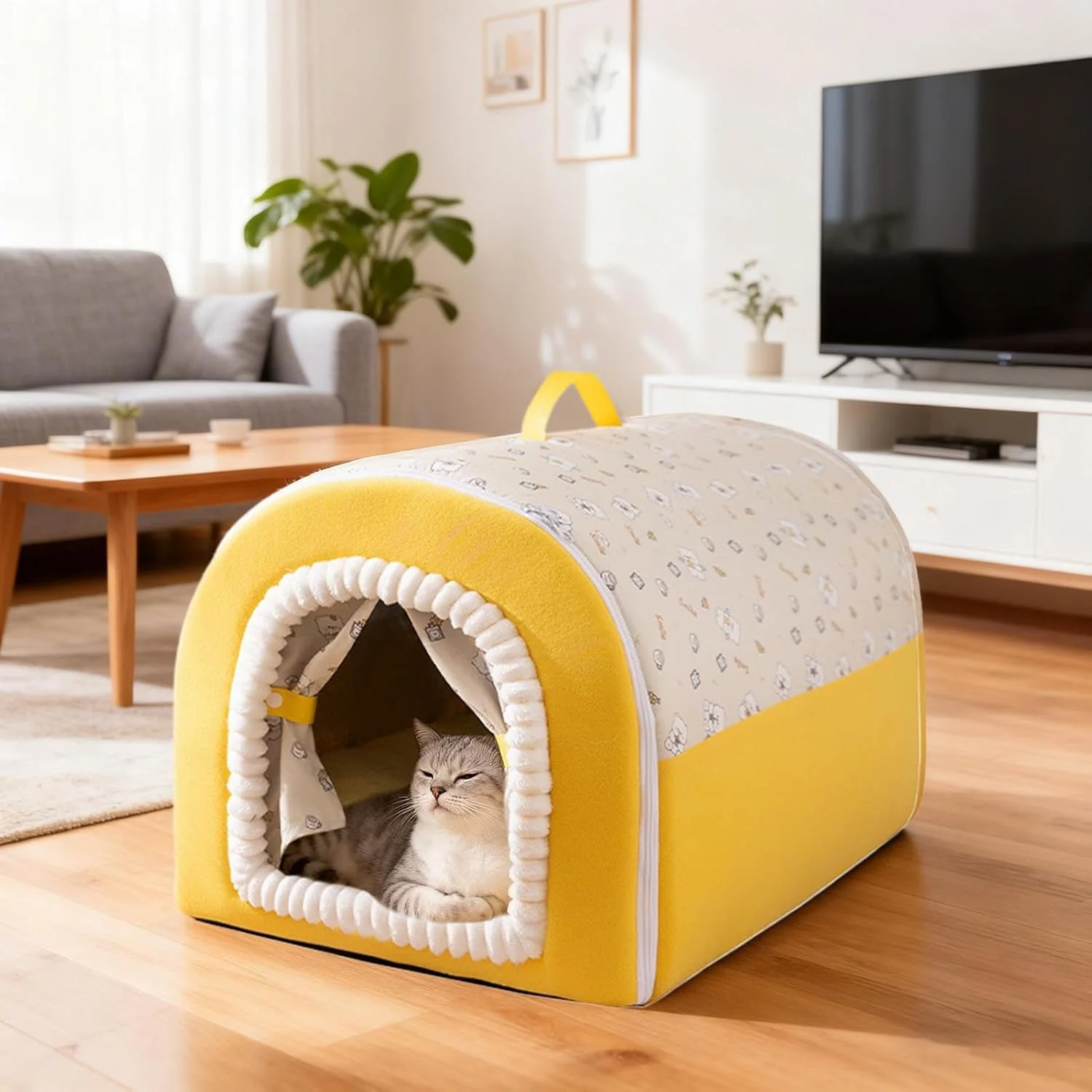 غار تخت گربه - لانه نرم و گرم با دسته | تخت مخفیگاه گربه قابل شستشو با دسته | برای حیوانات خانگی کوچک، مناسب برای خواب زمستانی در خانه و فضای باز
