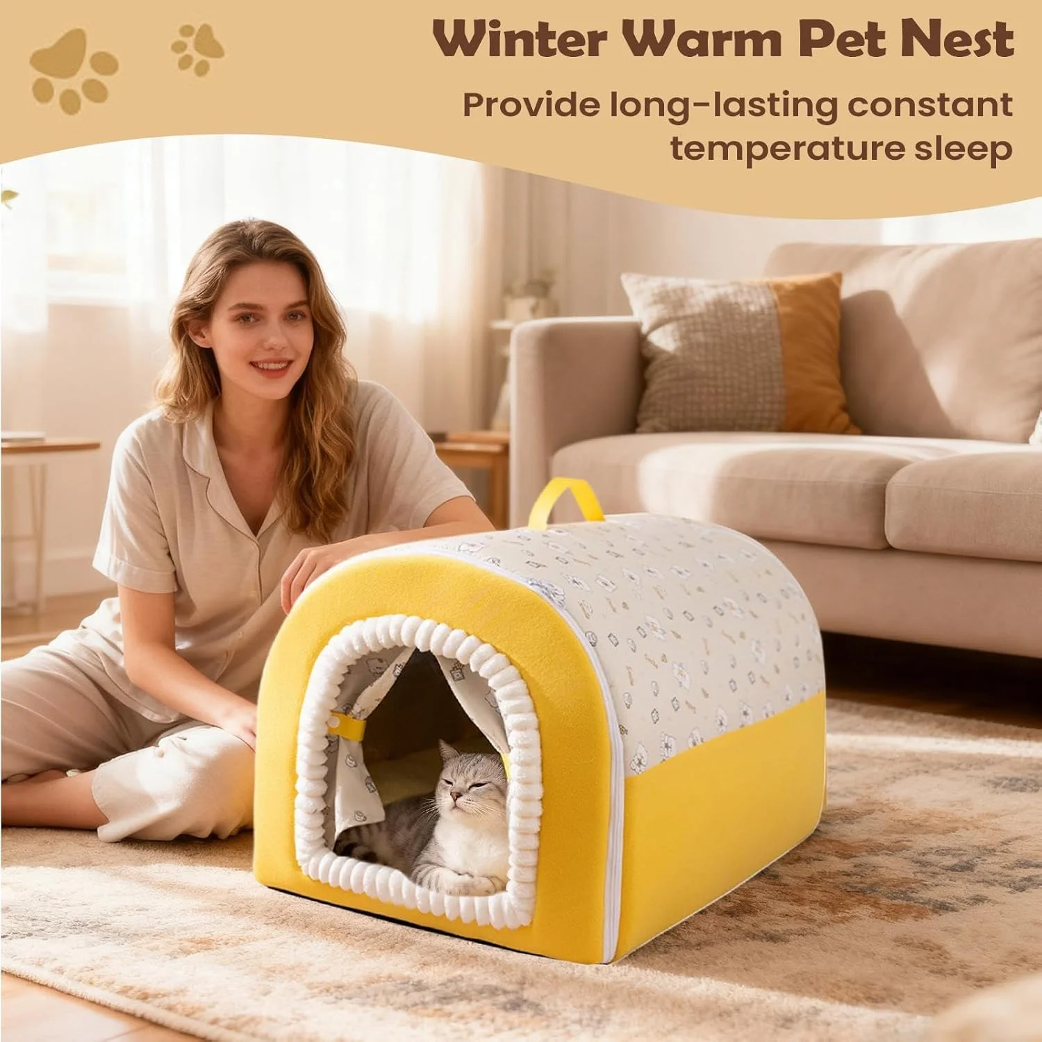 تخت خواب سرپوشیده گربه، خانه خواب گرم و نرم | تخت گربه محصور با دسته، برای حیوانات خانگی کوچک در فضای باز، مناسب خواب زمستانی