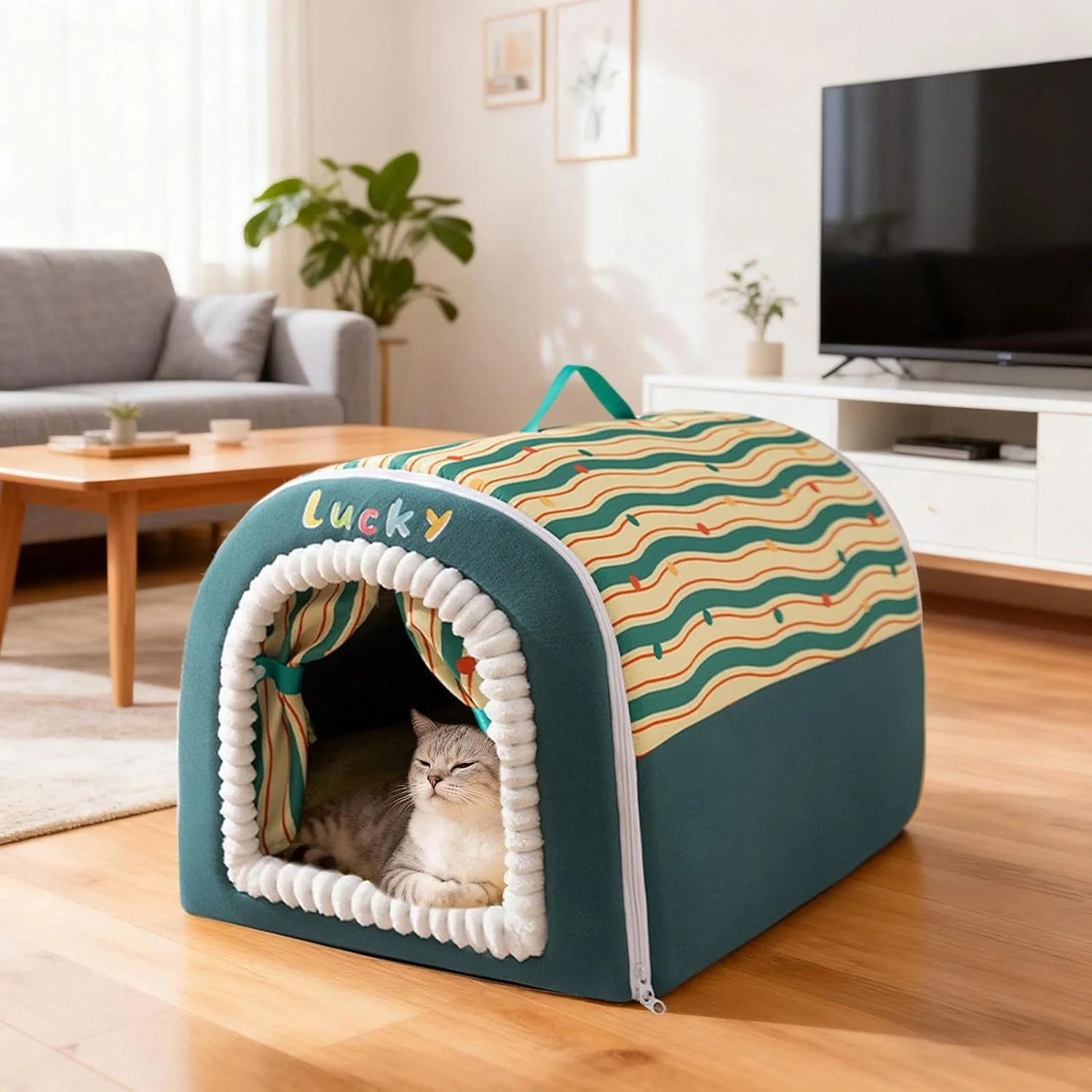 غار تخت گربه، خانه نرم و قابل شستشوی زیبا - تخت خواب سرپوشیده و قابل شستشوی گربه | برای بچه گربه، حیوانات خانگی کوچک، داخل خانه، خارج از خانه، زمستان
