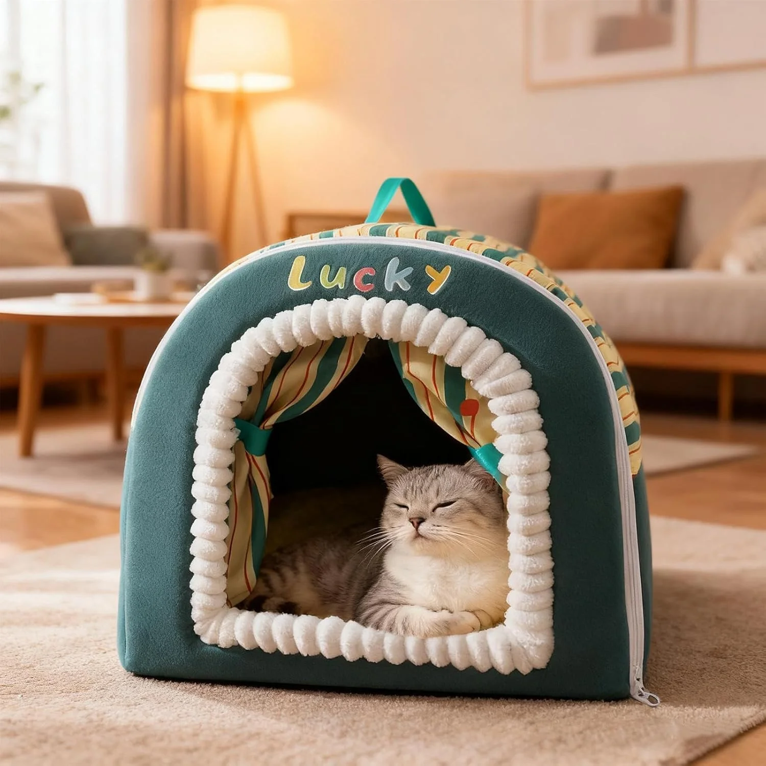 تخت خواب سرپوشیده گربه - لانه نرم و گرم با دسته - غار حیوانات خانگی محصور با دسته | برای خواب زمستانی حیوانات خانگی کوچک در فضای باز