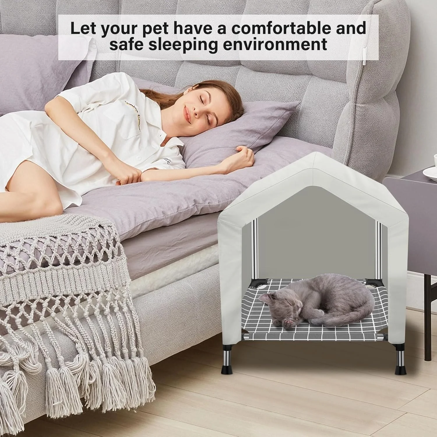 خانه سگ مرتفع برای فضای باز یا داخلی - چادر ضد آب سگ، خانه گربه، چادر سایه بان سگ، خانه حیوانات خانگی با پوشش قابل جابجایی، مناسب برای سگ ها و گربه های کوچک