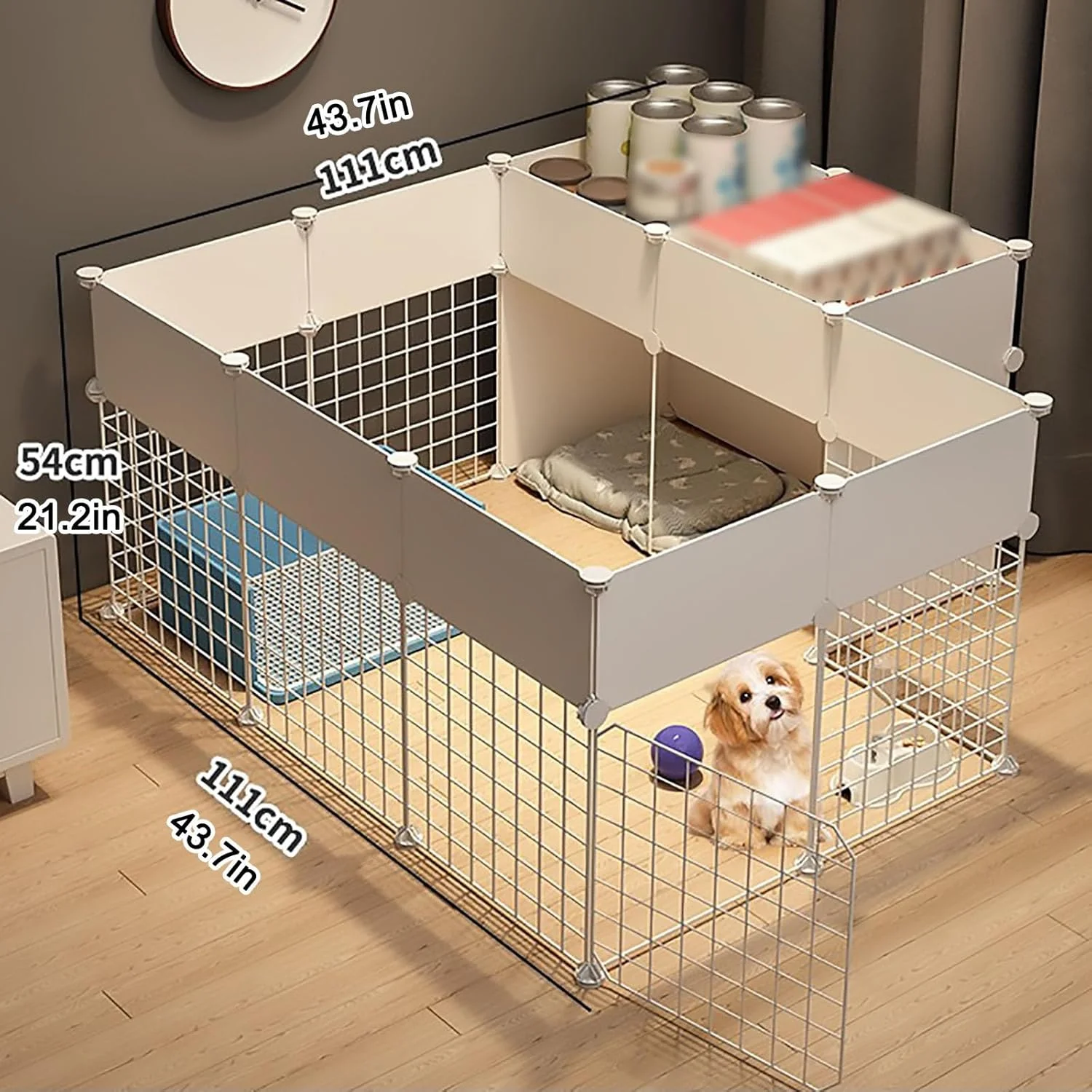 فنس سگ، محوطه داخلی گربه، قفس سگ با طراحی DIY، قفس فلزی جداشدنی برای حیوانات کوچک (111 * 111 * 54 سانتی متر)
