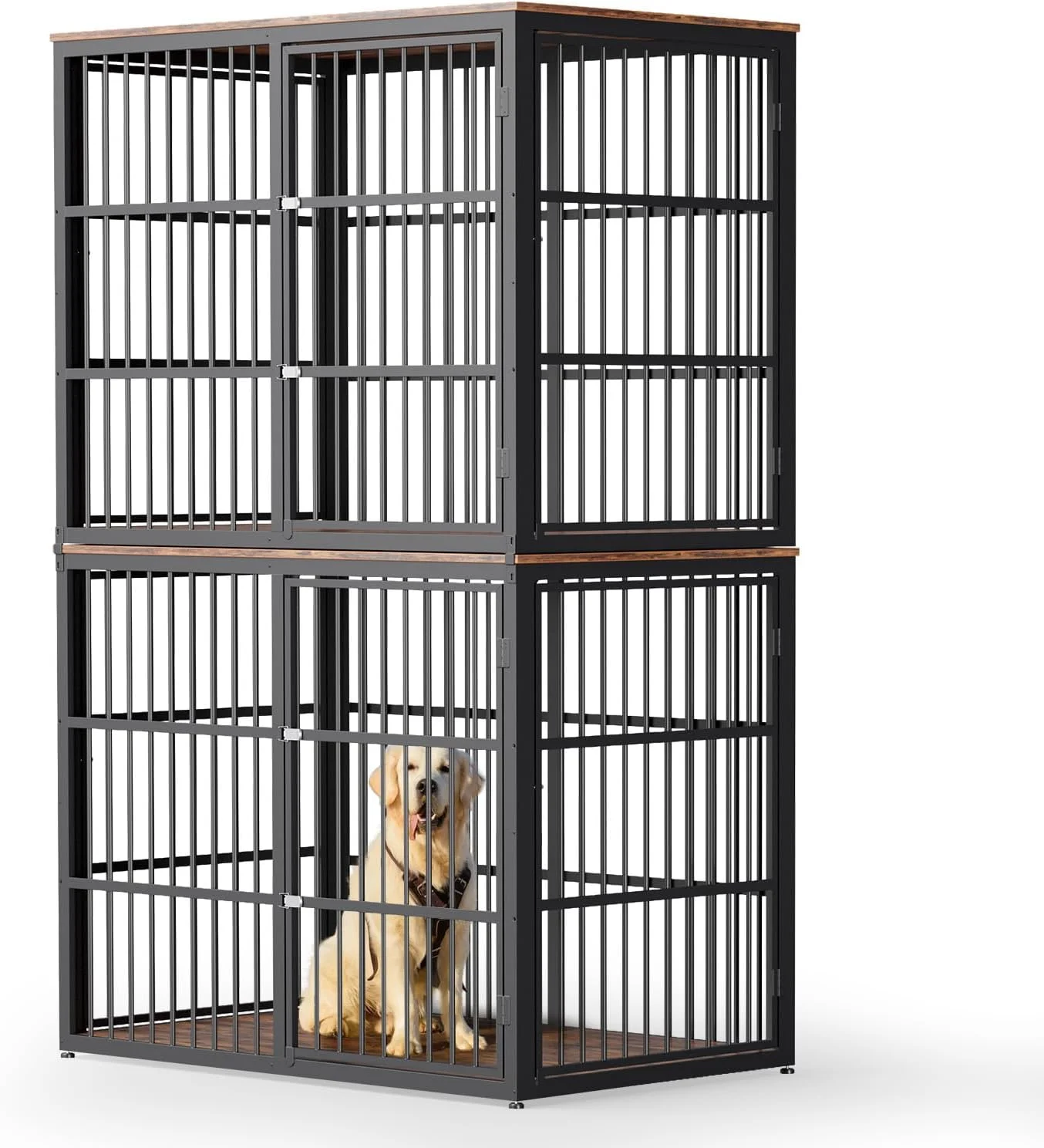 قفس سگ چوبی بزرگ Lyromix با قابلیت چیدن روی هم، 48 اینچ، دارای دو محفظه، قفس سگ مقاوم مناسب فضای داخلی با جداکننده متحرک برای سگ های کوچک تا متوسط، قابل استفاده به صورت جداگانه