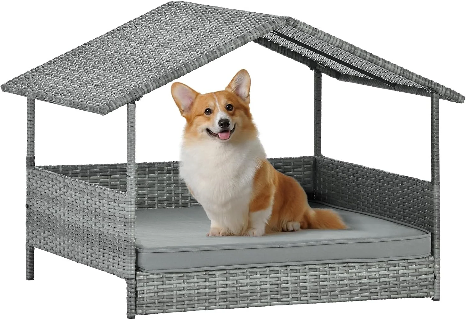 خانه سگ حصیری Lyromix، تخت خواب حصیری مرتفع سگ برای داخل/خارج با سقف، پناهگاه سگ در فضای باز با کوسن نرم و ضد آب قابل جابجایی، تخت خانه سگ برای سگ های کوچک و متوسط ​​6-55 پوندی، خاکستری