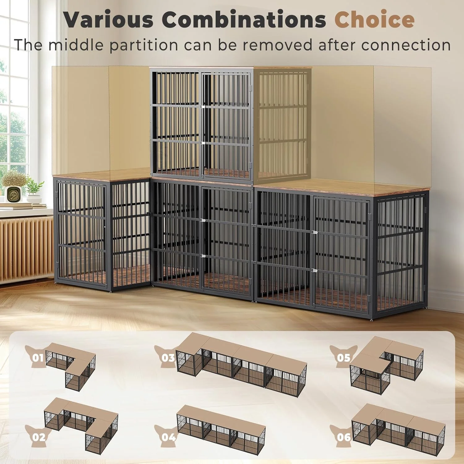 قفس سگ چوبی بزرگ Lyromix با قابلیت چیدن روی هم، 48 اینچ، دارای دو محفظه، قفس سگ مقاوم مناسب فضای داخلی با جداکننده متحرک برای سگ های کوچک تا متوسط، قابل استفاده به صورت جداگانه