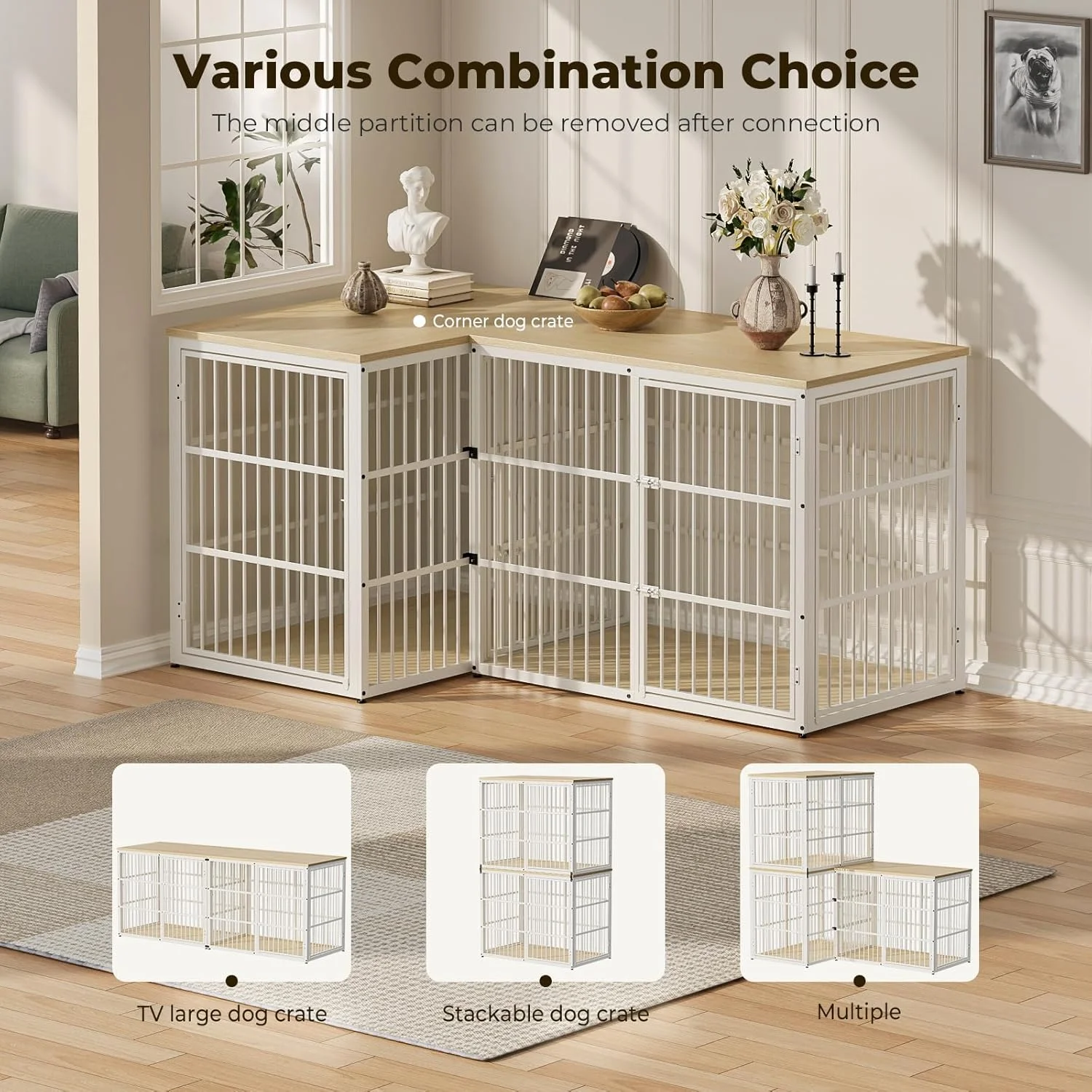 قفس سگ مبلمان Lyromix سایز خیلی بزرگ 48 اینچی با 3 درب، میز کنار تختی چوبی قفس سنگین مناسب فضای داخلی، قابل ترکیب برای سگ های متوسط تا بزرگ، چوب راش طبیعی