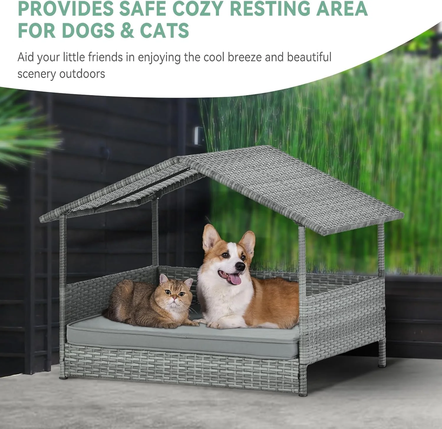 خانه سگ حصیری Lyromix، تخت خواب حصیری مرتفع سگ برای داخل/خارج با سقف، پناهگاه سگ در فضای باز با کوسن نرم و ضد آب قابل جابجایی، تخت خانه سگ برای سگ های کوچک و متوسط ​​6-55 پوندی، خاکستری