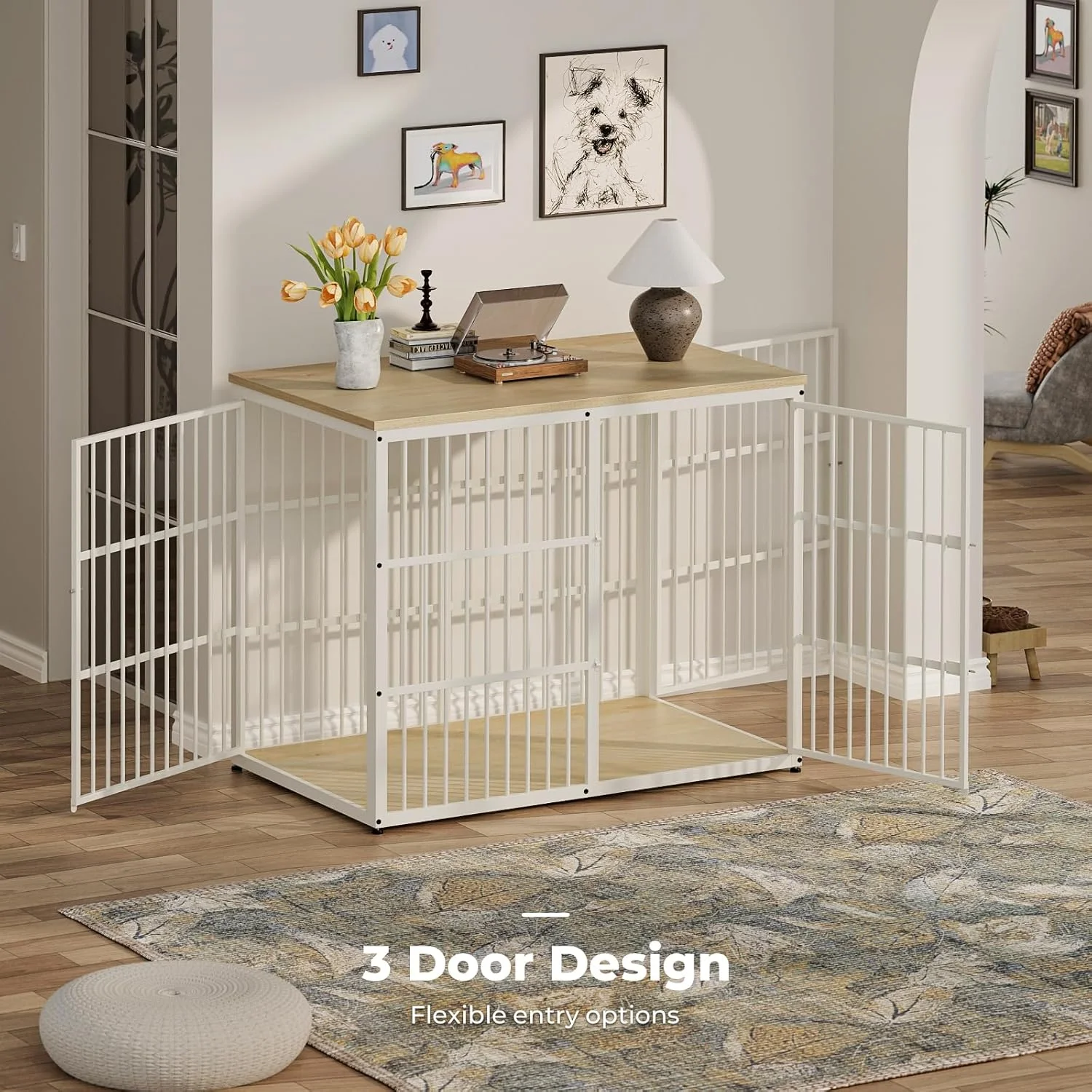 قفس سگ مبلمان Lyromix سایز خیلی بزرگ 48 اینچی با 3 درب، میز کنار تختی چوبی قفس سنگین مناسب فضای داخلی، قابل ترکیب برای سگ های متوسط تا بزرگ، چوب راش طبیعی