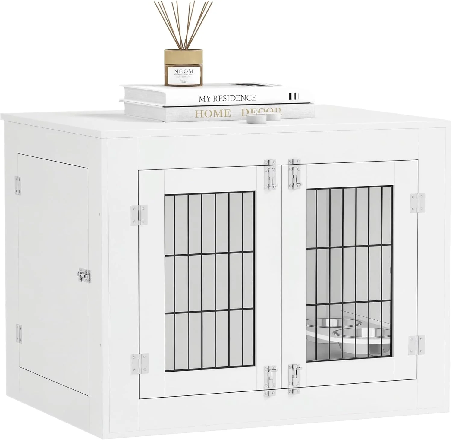 قفس سگ مبلمان PawHut با کاسه های سگ قابل جابجایی با قابلیت چرخش 360 درجه، قفس سگ مبلمان با دو درب، پدهای پا ضد لغزش، میز کنار قفس سگ مبلمان برای سگ های متوسط، 80x61x63.5 سانتی متر، سفید