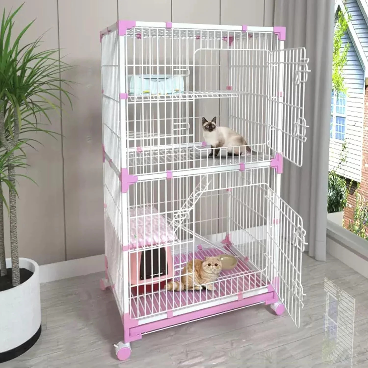 قفس گربه چرخ دار، لانه بازی 5 طبقه حیوانات خانگی به همراه تاب، محوطه های سرپوشیده گربه DIY برای حیوانات کوچک، لانه سیمی فلزی جداشدنی، فضای تمرین برای 1-3 گربه (رنگ: B، اندازه: 31.5*22*57.5 اینچ/80*55*146 سانتی متر)