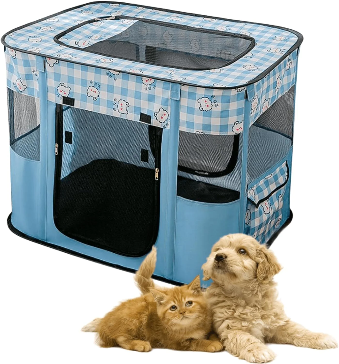محوطه بازی گربه بامزه تاشو، چادر حیوانات خانگی کاوائی مقاوم در برابر خراش، خانه حیوانات خانگی قابل حمل برای گربه های داخل خانه و سگ های کوچک، مناسب برای استفاده در داخل/خارج از خانه (آبی، XL)