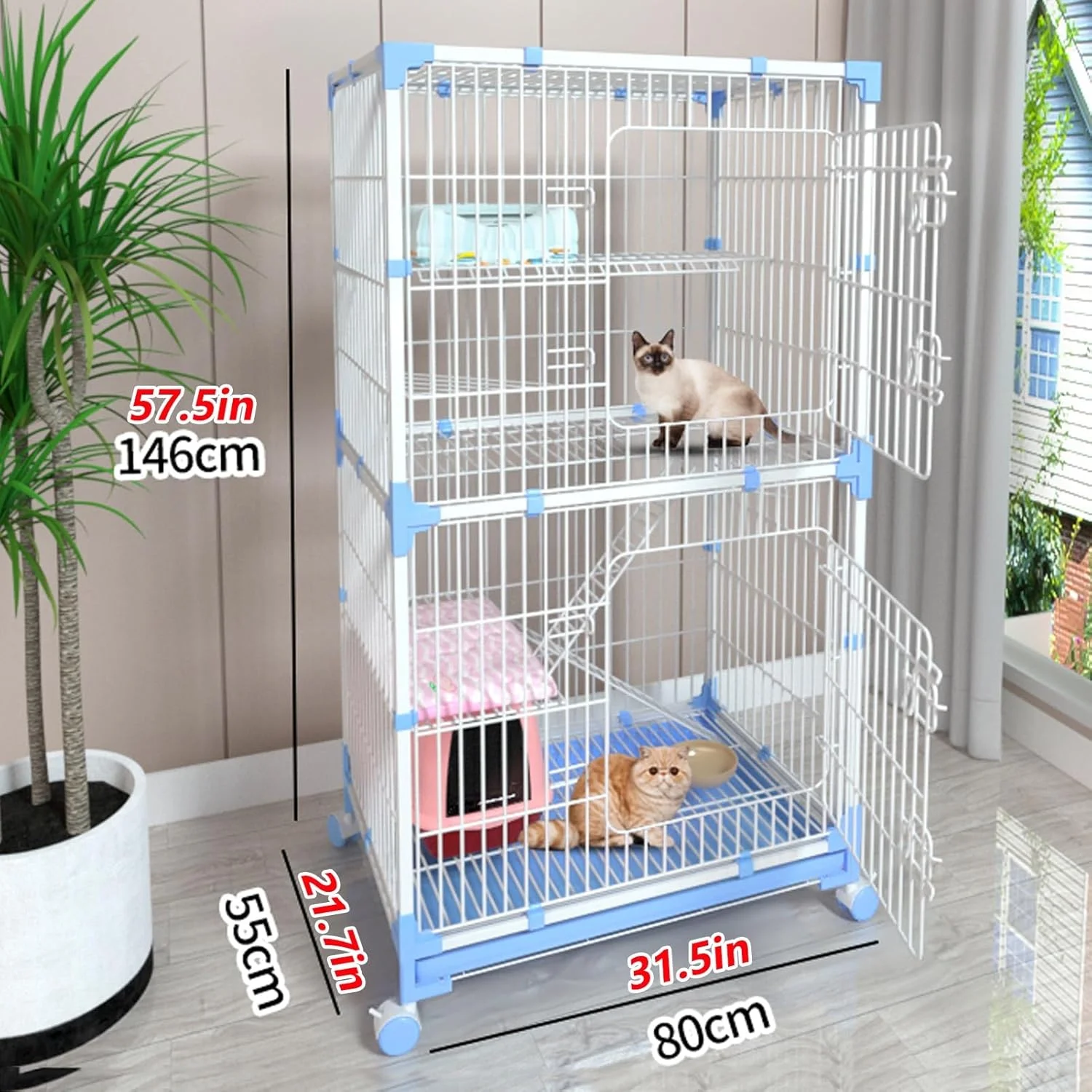 قفس گربه چرخ دار، لانه بازی 5 طبقه حیوانات خانگی به همراه تاب، محوطه های سرپوشیده گربه DIY برای حیوانات کوچک، لانه سیمی فلزی جداشدنی، فضای تمرین برای 1-3 گربه (رنگ: B، اندازه: 31.5*22*57.5 اینچ/80*55*146 سانتی متر)