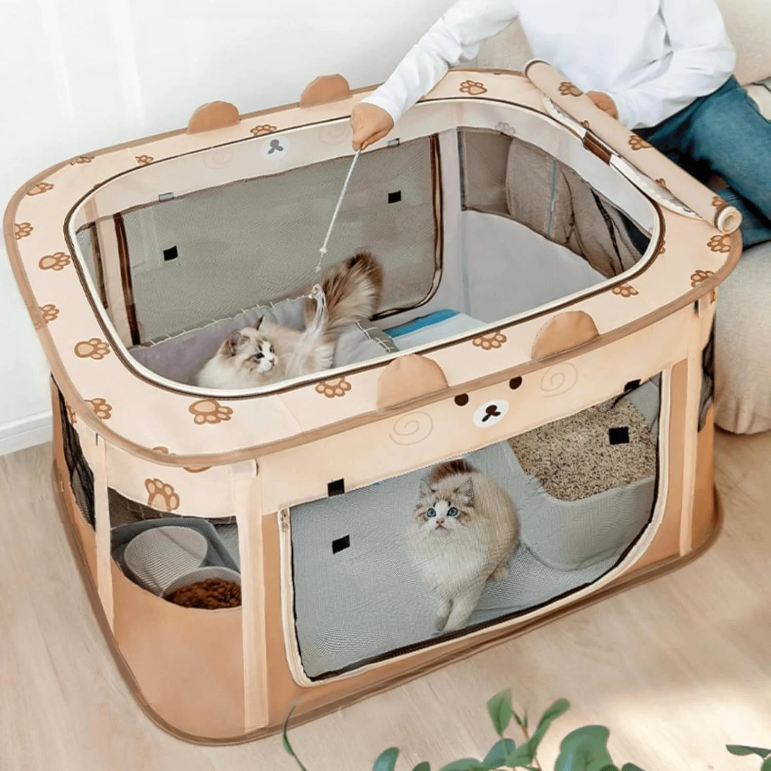 محوطه بازی گربه بامزه تاشو، چادر حیوانات خانگی کاوائی مقاوم در برابر خراش، خانه حیوانات خانگی قابل حمل برای گربه های داخل خانه و سگ های کوچک، مناسب برای استفاده در داخل/خارج از خانه (آبی، XL)