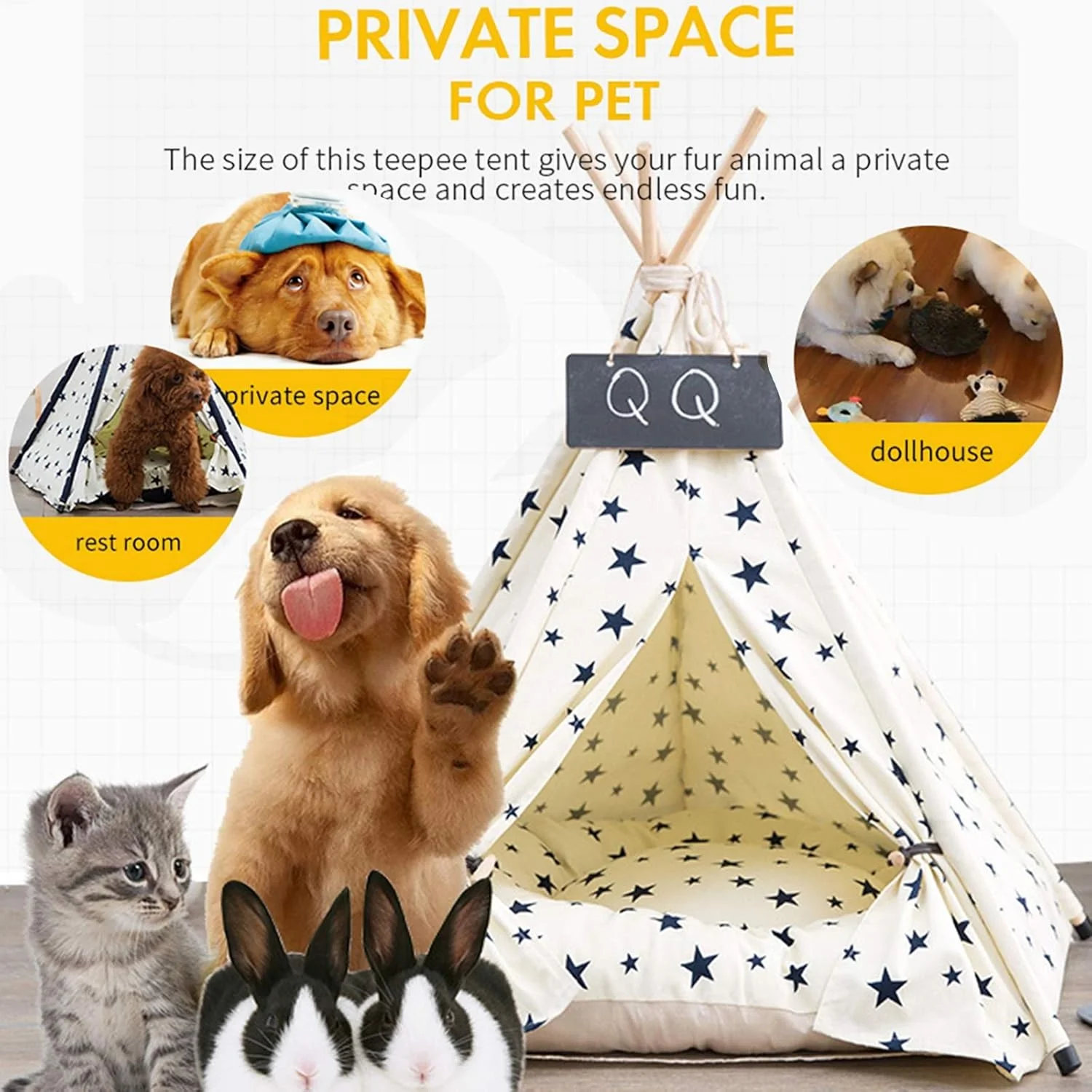 چادر تیپی حیوانات خانگی، تخت سگ و گربه برای سگ ها، توله سگ و گربه، چادرهای قابل حمل سگ و خانه های حیوانات خانگی با کوسن ضخیم و تخته سیاه، چادر داخلی و خارجی، تیپی کوچک و متوسط حیوانات خانگی، D، 60x70 سانتی متر