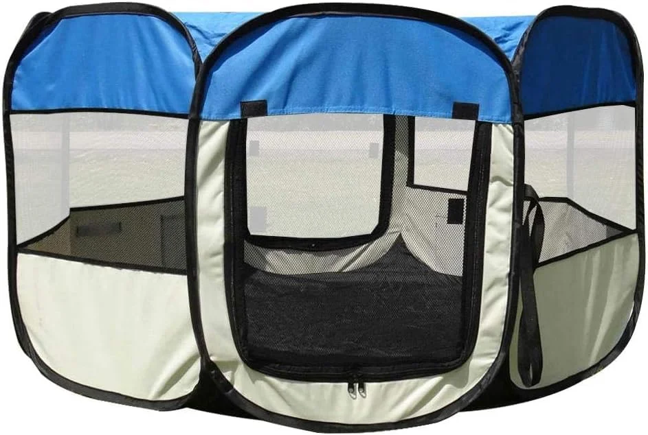 قفس سگ و گربه، لانه توله سگ، حصار نرم تاشو هشت ضلعی ضد آب، پارچه آکسفورد، خانه متحرک زیپی مناسب فضای باز، آبی