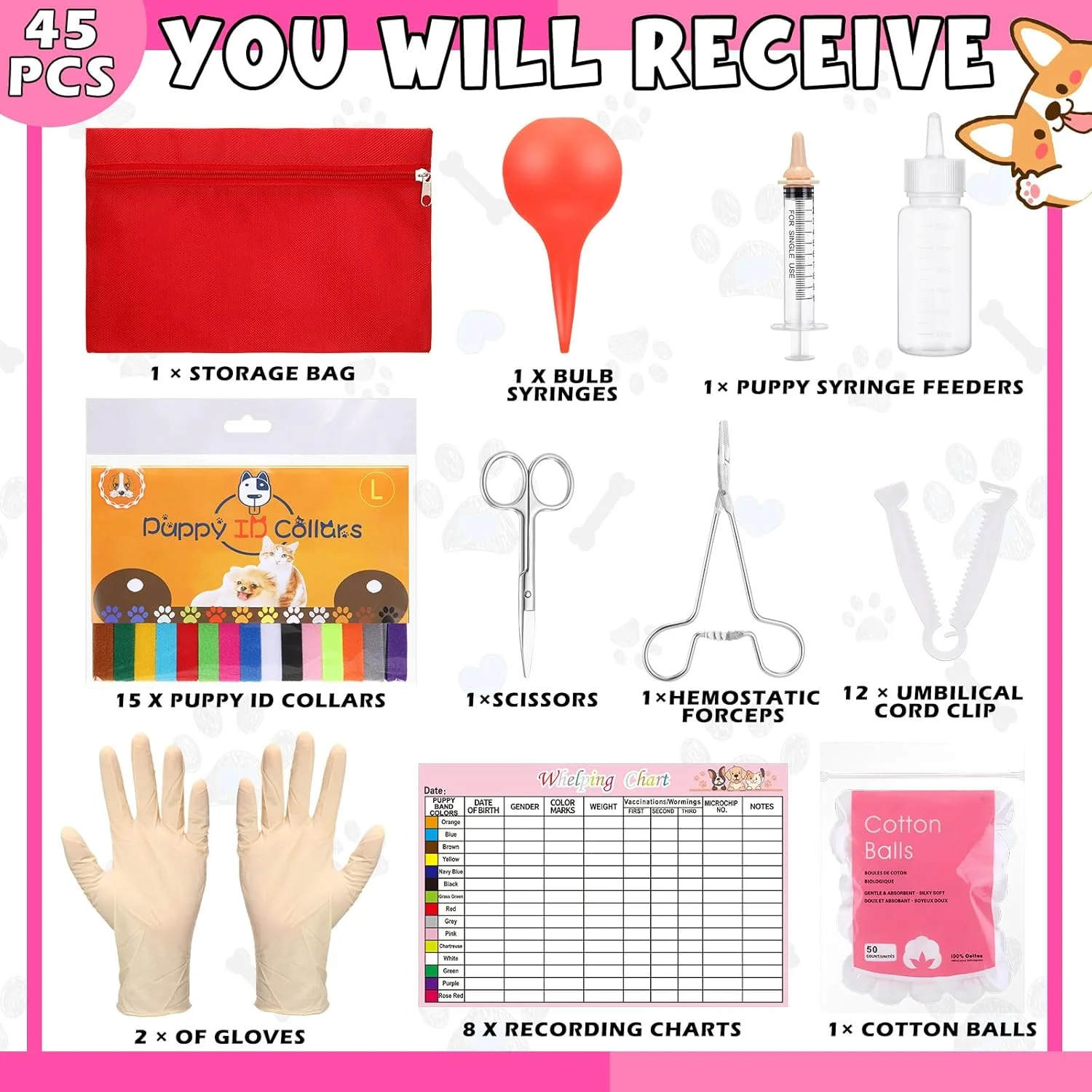 مجموعه 45 عددی لوازم زایمان توله سگ و بچه گربه PullCrease شامل باکس بازی حیوانات خانگی، قلاده زایمان، گیره بند ناف، آسپیریتور حباب دار، سرنگ، شیشه شیر، قیچی، دستکش و کیف برای لوازم حیوانات خانگی تازه متولد شده