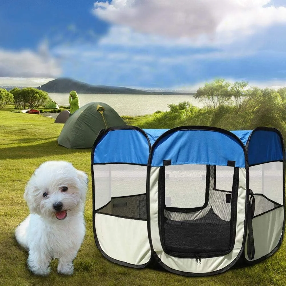 قفس سگ و گربه، لانه توله سگ، حصار نرم تاشو هشت ضلعی ضد آب، پارچه آکسفورد، خانه متحرک زیپی مناسب فضای باز، آبی