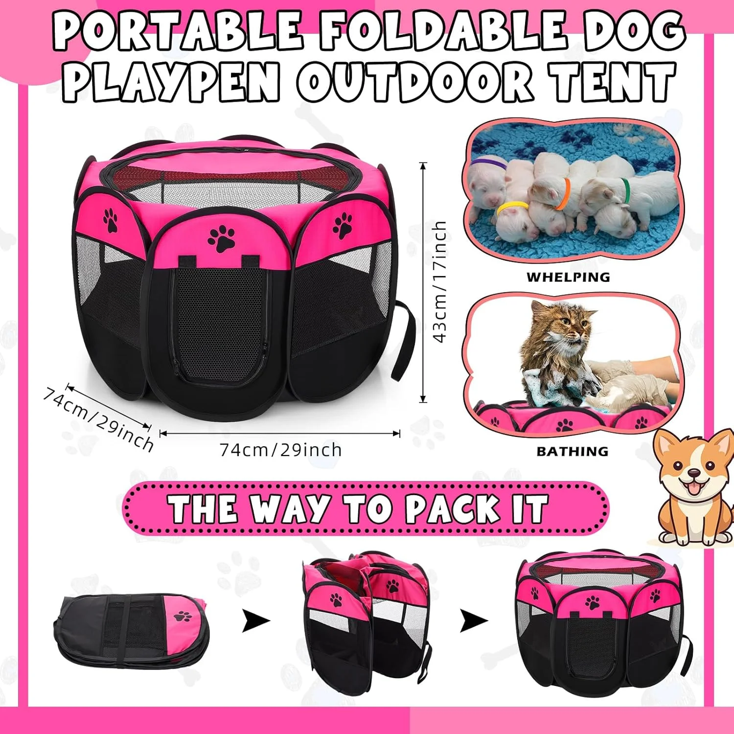 مجموعه 45 عددی لوازم زایمان توله سگ و بچه گربه PullCrease شامل باکس بازی حیوانات خانگی، قلاده زایمان، گیره بند ناف، آسپیریتور حباب دار، سرنگ، شیشه شیر، قیچی، دستکش و کیف برای لوازم حیوانات خانگی تازه متولد شده