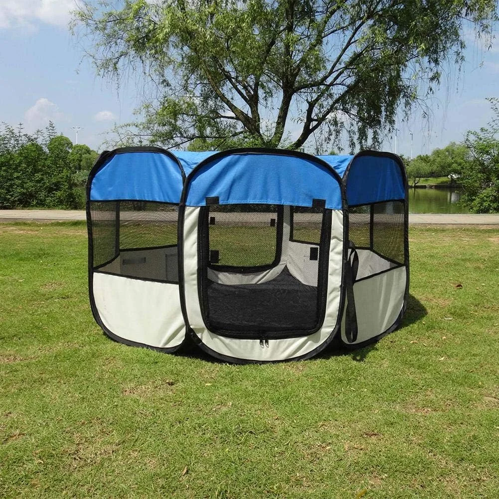 قفس سگ و گربه، لانه توله سگ، حصار نرم تاشو هشت ضلعی ضد آب، پارچه آکسفورد، خانه متحرک زیپی مناسب فضای باز، آبی