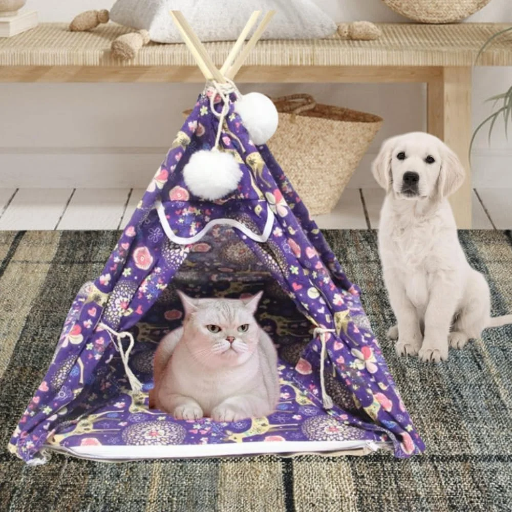 خانه چادری سگ و تیپی گربه با کوسن، قابل شستشو، نرم و راحت، مناسب فضای داخلی و خارجی، طرح بوهمی و چهارخانه زیبا (بنفش، یک سایز)