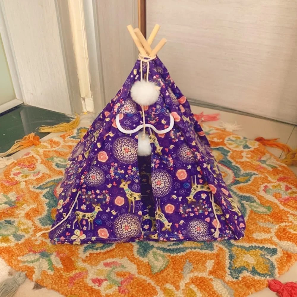 خانه چادری سگ و تیپی گربه با کوسن، قابل شستشو، نرم و راحت، مناسب فضای داخلی و خارجی، طرح بوهمی و چهارخانه زیبا (بنفش، یک سایز)