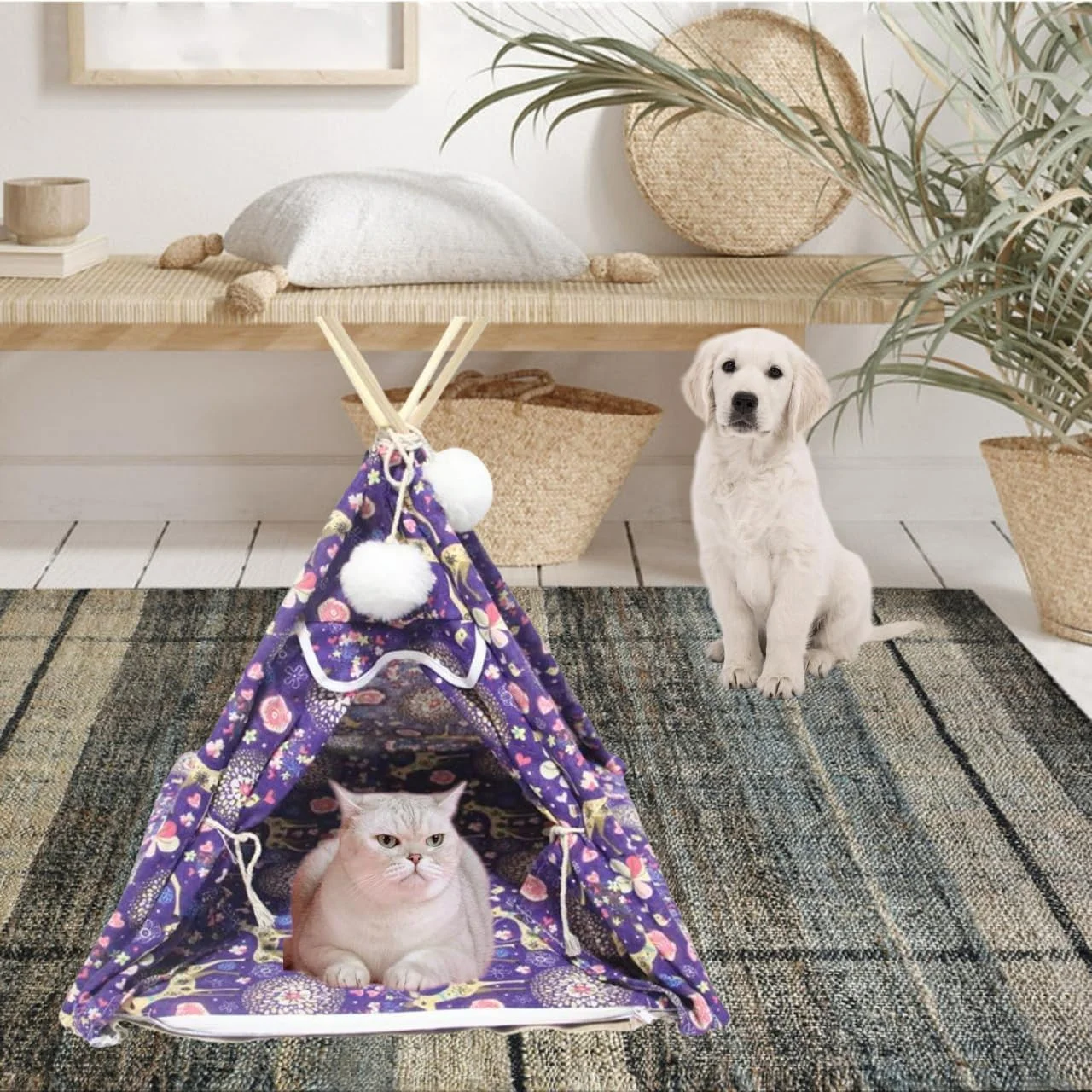 خانه چادری سگ و تیپی گربه با کوسن، قابل شستشو، نرم و راحت، مناسب فضای داخلی و خارجی، طرح بوهمی و چهارخانه زیبا (بنفش، یک سایز)