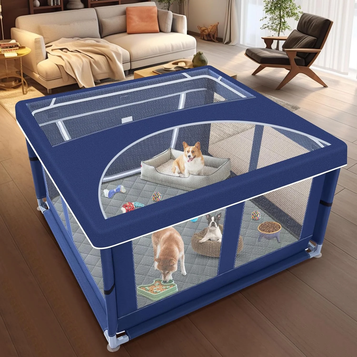 محوطه بازی توله سگ XVISHX با ابعاد 106x106 سانتی متر به همراه روکش و پد سگ، محوطه بازی سگ برای توله سگ ها یا سگ های کوچک، محوطه بازی حیوانات خانگی برای داخل و خارج از منزل، محوطه سگ ایمن و محکم با پارچه ضخیم