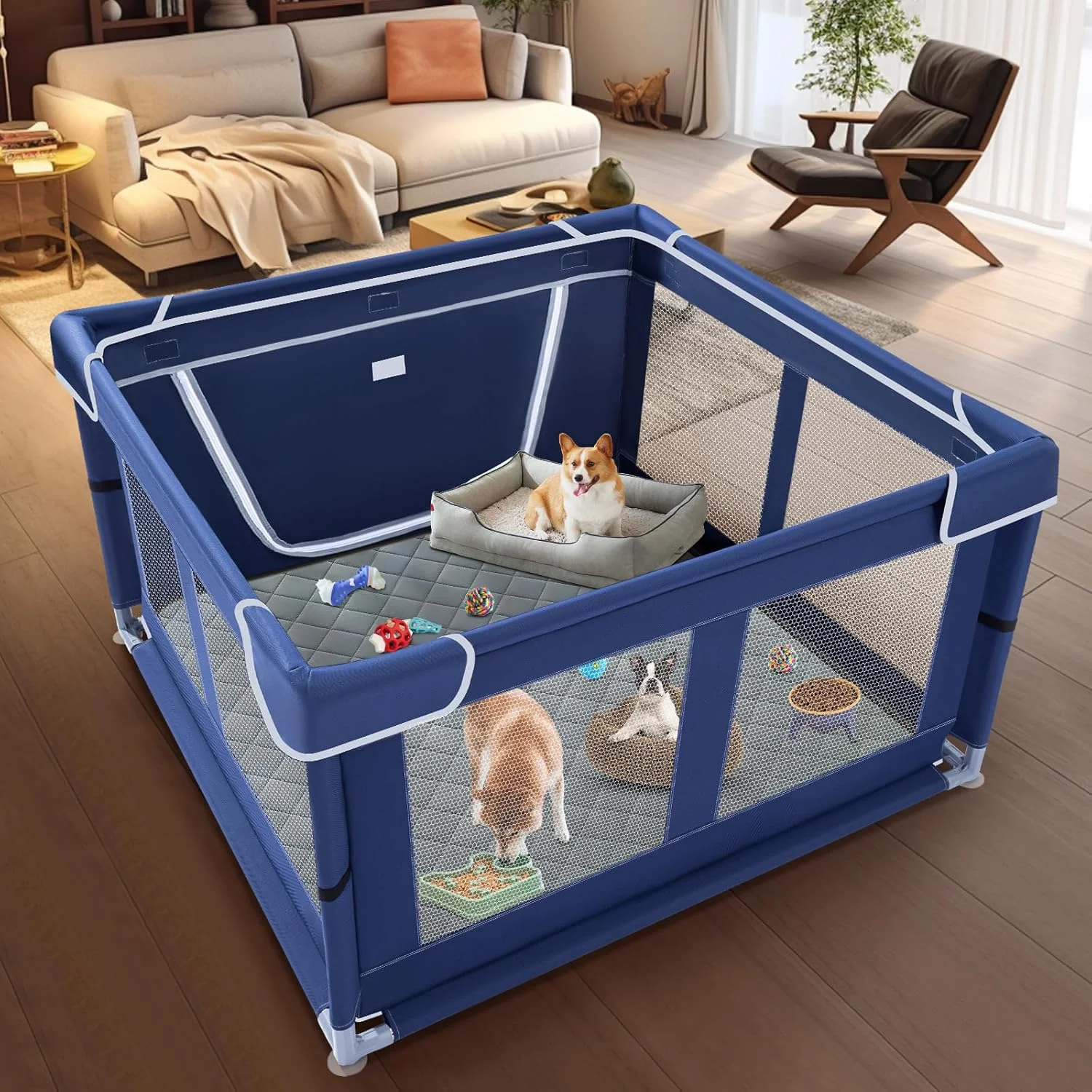 محوطه بازی توله سگ XVISHX با ابعاد 106x106 سانتی متر به همراه پدهای سگ، محوطه بازی سگ برای توله سگ ها یا سگ های کوچک، محوطه بازی حیوانات خانگی برای داخل و خارج از منزل، محوطه سگ ایمنی محکم با پارچه ضخیم و توری سیم نایلونی با استحکام بالا