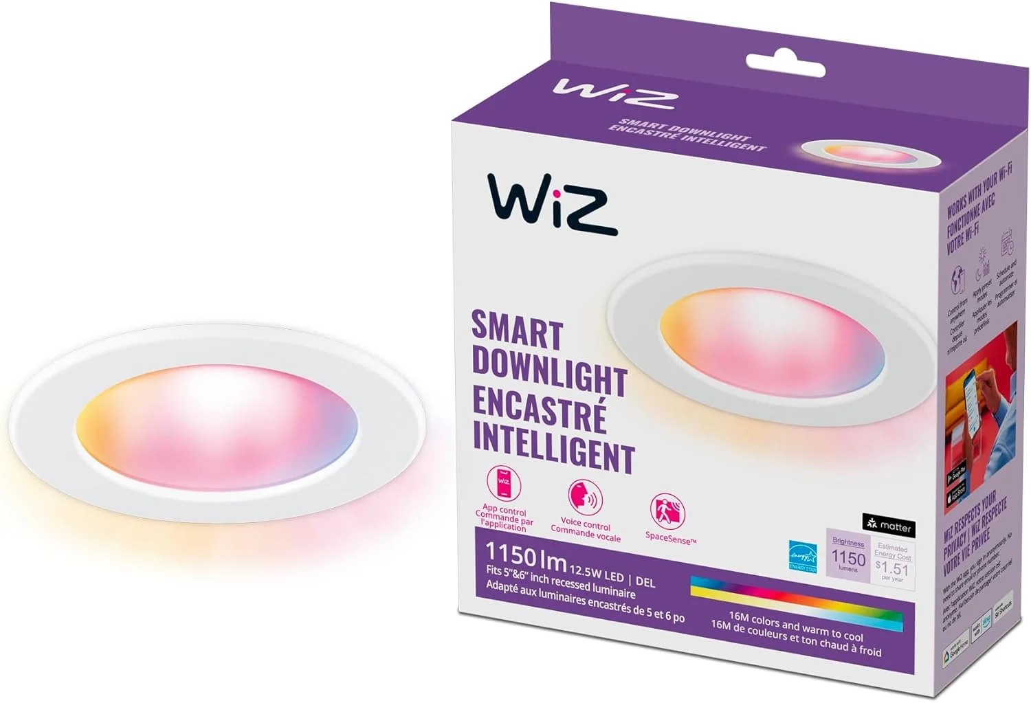 چراغ سقفی توکار هوشمند WiZ با نور رنگی و شدت روشنایی بالا، سایز 6 اینچ، 2700K - 6500K + RGB، 16 میلیون رنگ، کنترل هوشمند با اپلیکیشن WiZ، سازگار با الکسا، گوگل اسیستنت و میانبرهای سیری، بدون نیاز به هاب