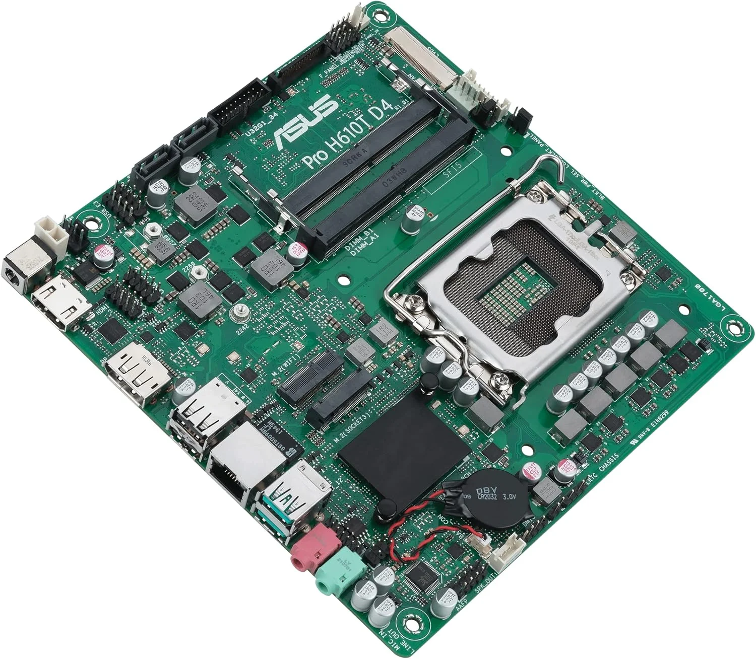 مادربرد تجاری بهینه شده ASUS Pro H610T D4-CSM LGA 1700 (نسل دوازدهم اینتل و اینتل vPro) (PCIe 4.0,DP,LVDS,SO-DIMM DDR4,USB 3.2 Gen 2,M.2 Key E Slot,Q-LED Core, ASUS Control Center Express)