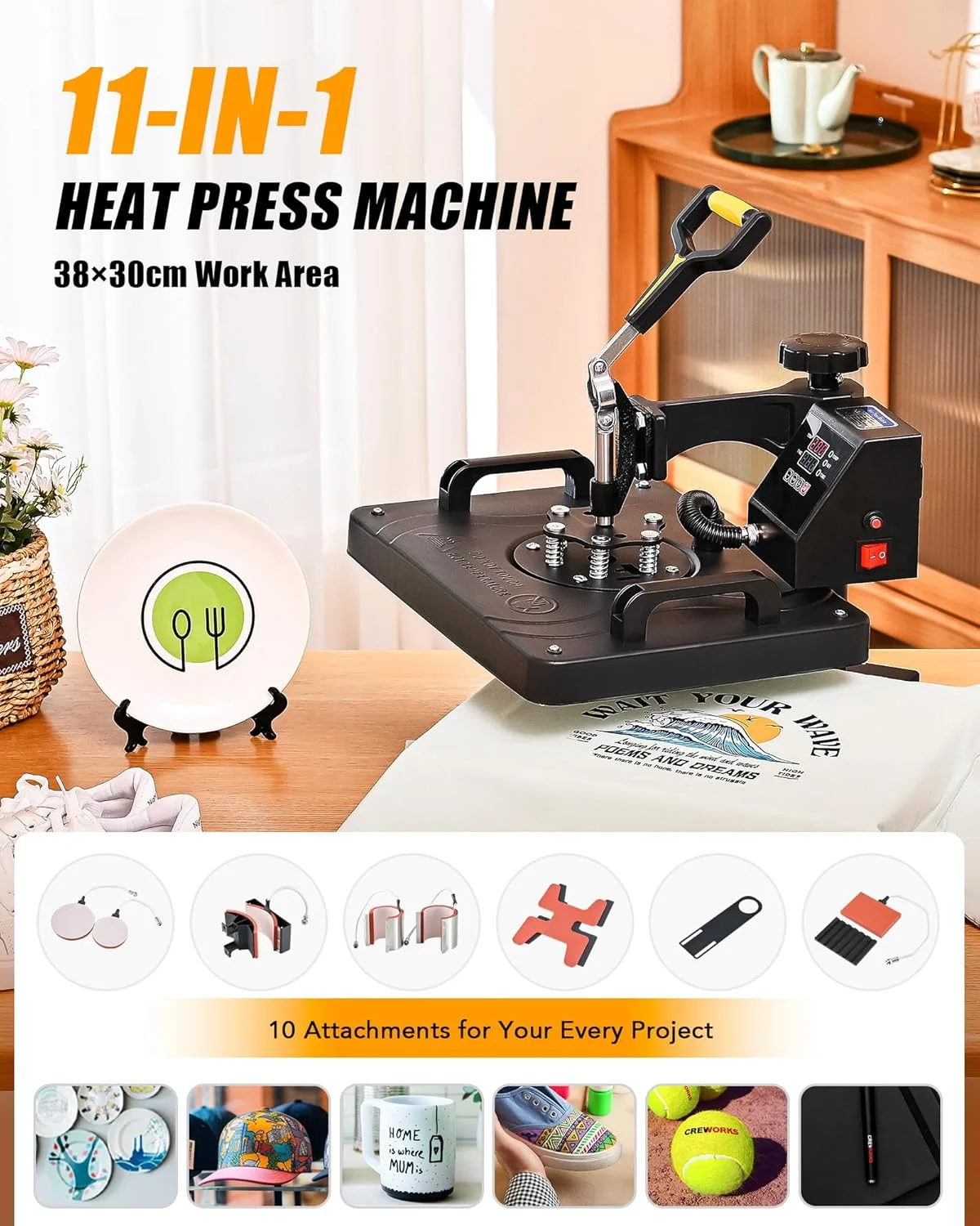 دستگاه پرس حرارتی 11 در 1 CREWORKS با ابعاد 30x38 سانتی متر، دستگاه پرس حرارتی چرخشی تی شرت با پنل کنترل دیجیتال، دستگاه انتقال حرارت چند منظوره 12x15 اینچی برای تی شرت، لیوان، کلاه، بشقاب، کفش، قلم و بیسبال