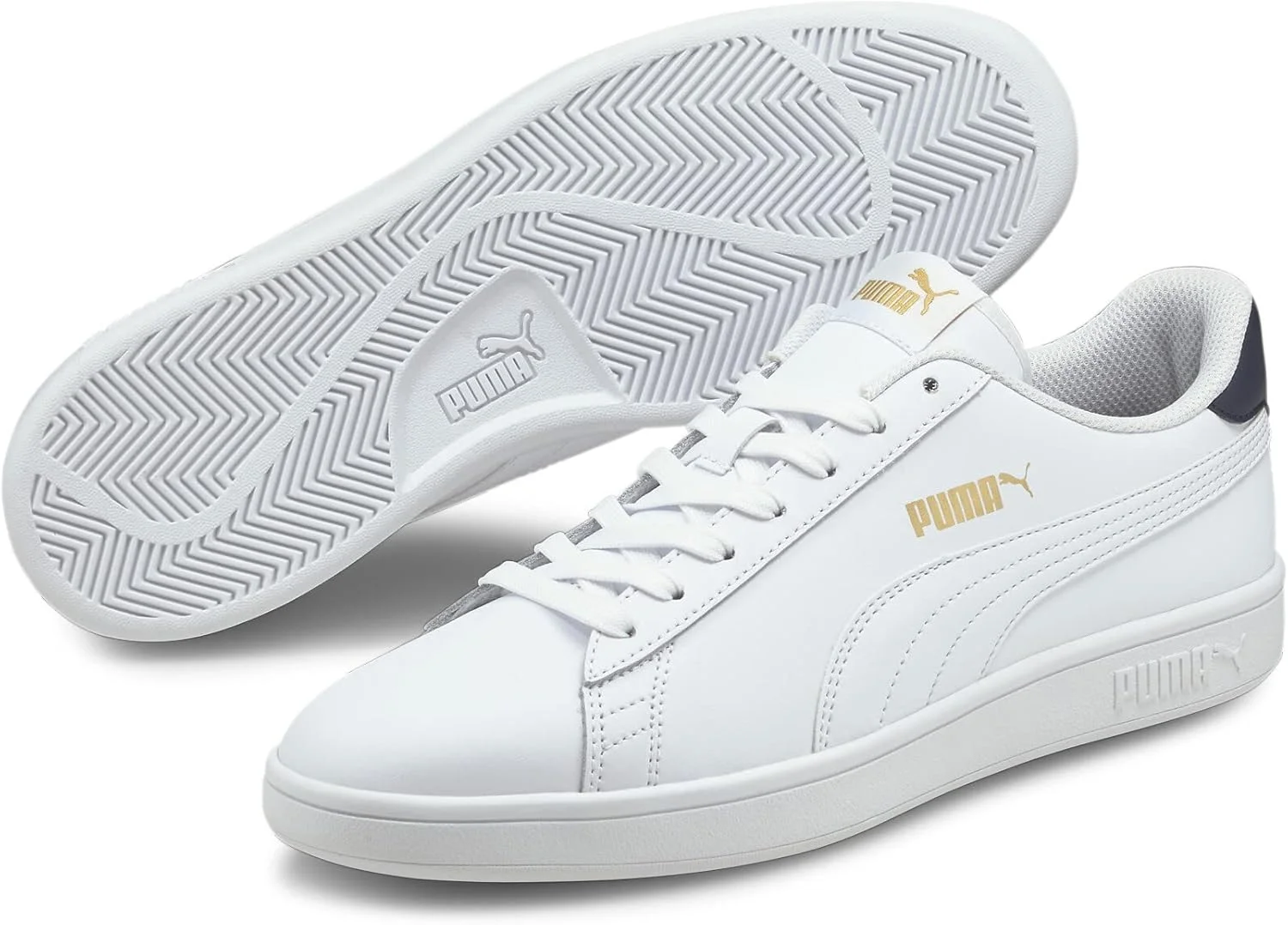 کفش کتانی پایین PUMA Smash V2 مدل унисекс بزرگسال، رنگ: سفید سفید سفید سرمه ای طلایی تیمی، سایز: 40 EU کفش کتانی پایین PUMA Smash V2 مدل унисекс بزرگسال، رنگ: سفید سفید سفید سرمه ای طلایی تیمی، سایز: 40 EU